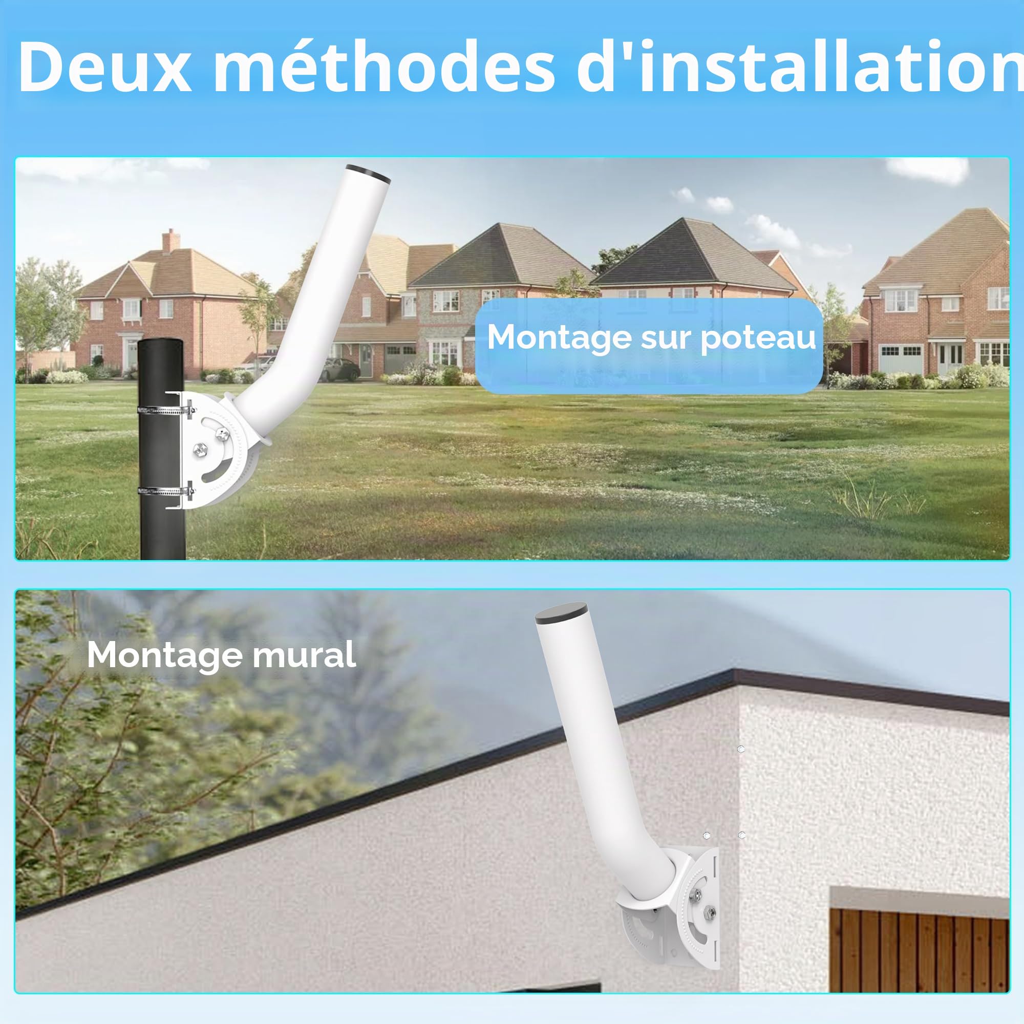 Mât d'antenne Universel pour antennes de télévision/Satellite/Radio/Wi-FI - Support d'installation sur Poteau et Mural réglable (Blanc - Paquet de deux)