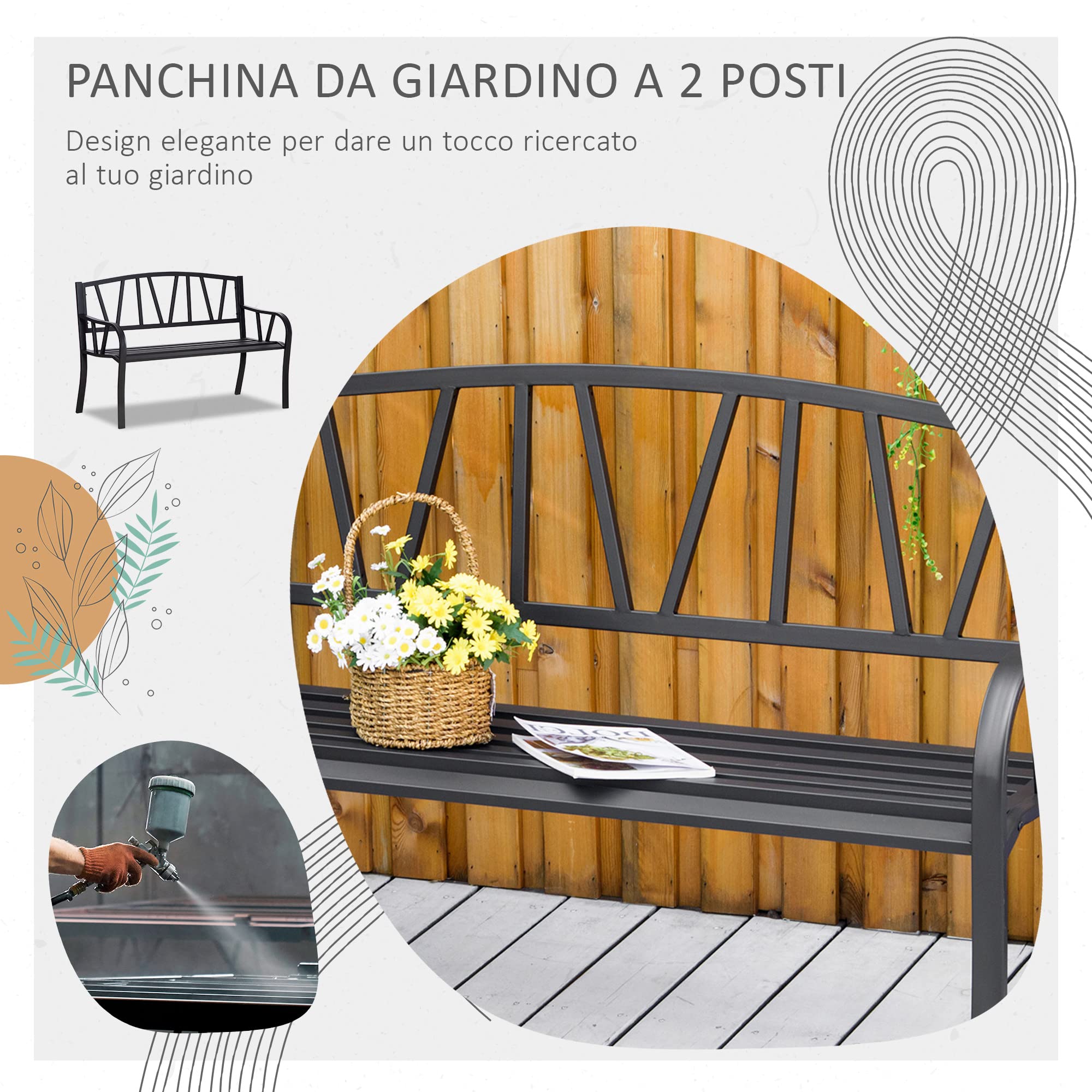Outsunny Panchina da Giardino Panca da Esterno 2 Posti 128x56x86cm Nero | in Metallo Impermeabile, in Ferro