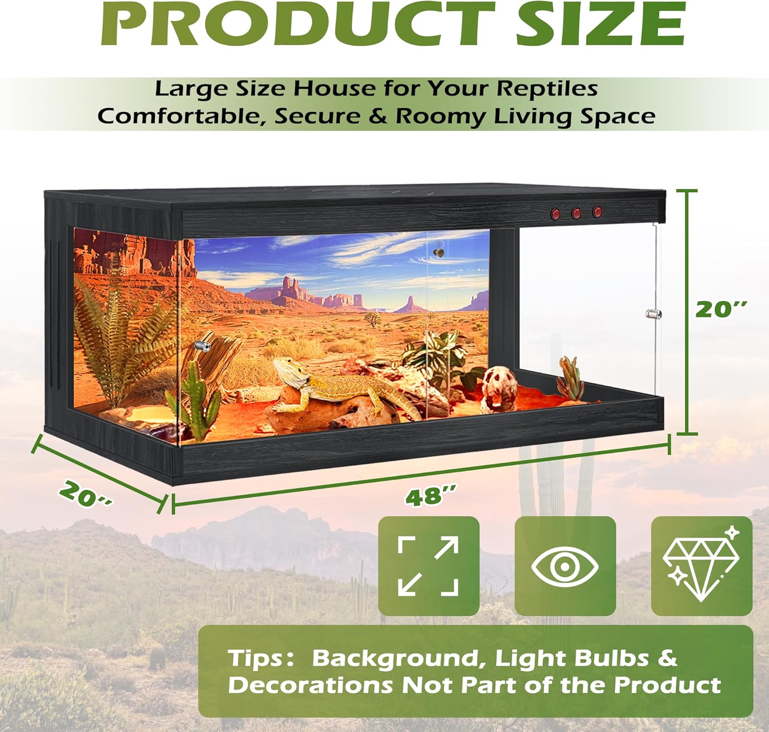 ROYXEN Reptile Enclosure,82 Gallons Reptile Tank with Wooden Top and Lockable Design,Tempered Glass Bearded Dragon Tank for Lizard Gecko Habitat (Black,48" Length)