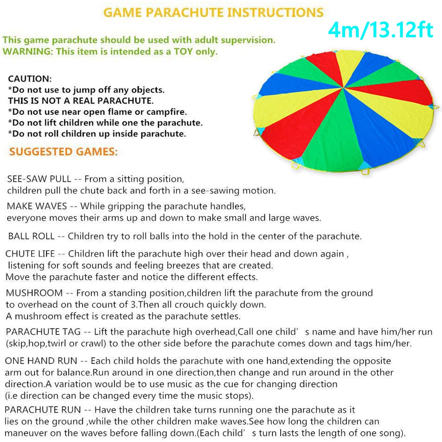 shengo 4m/13.12ft Schwungtuch für Kinder und Familie, Bunt Fallschirm Parachutes Spielzeug für Indoor Outdoor-Spiel und Unterhaltung - mit Tragetasche（16-22Kids