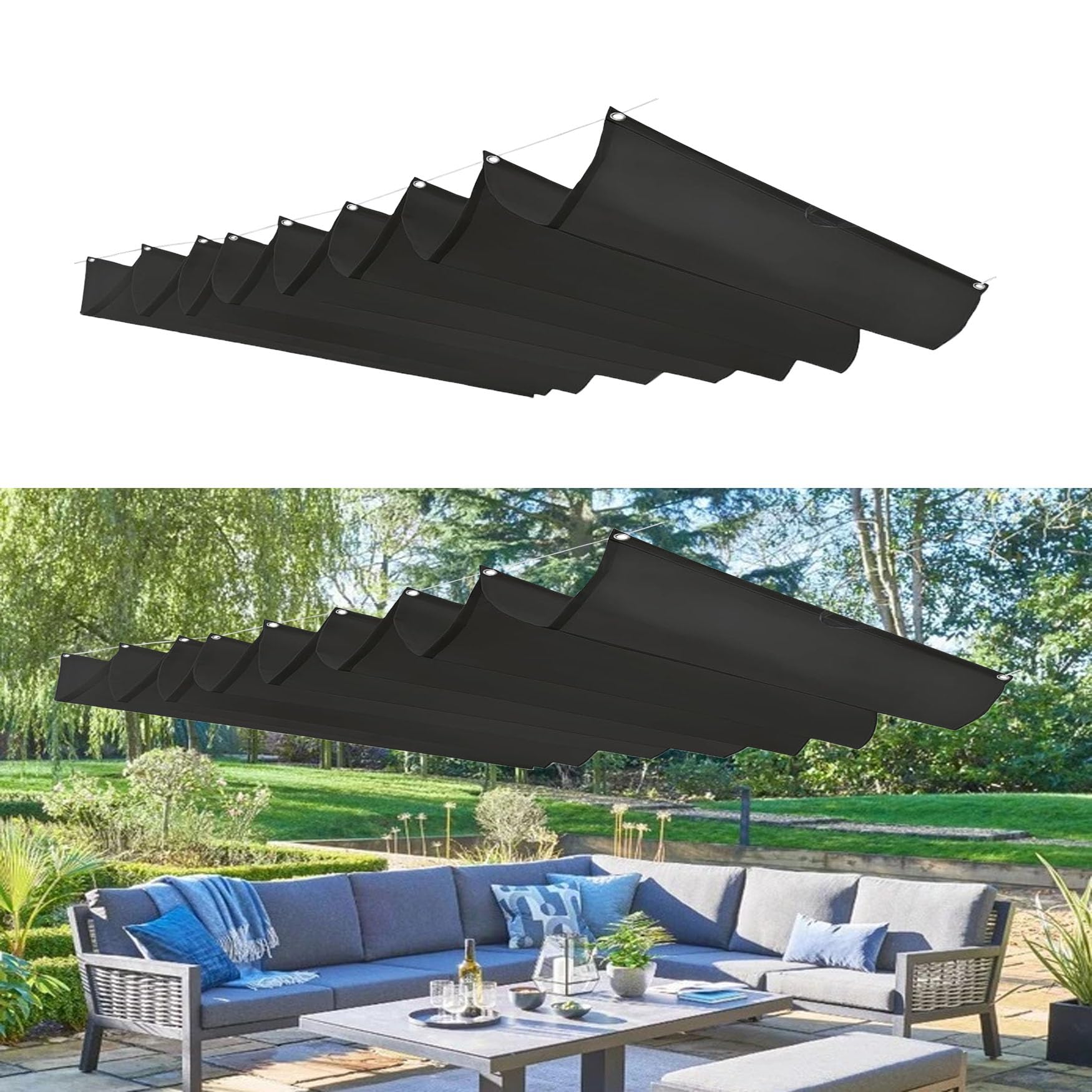 Voile d'ombrage de vague noir pour créer un salon d'été frais sur la terrasse