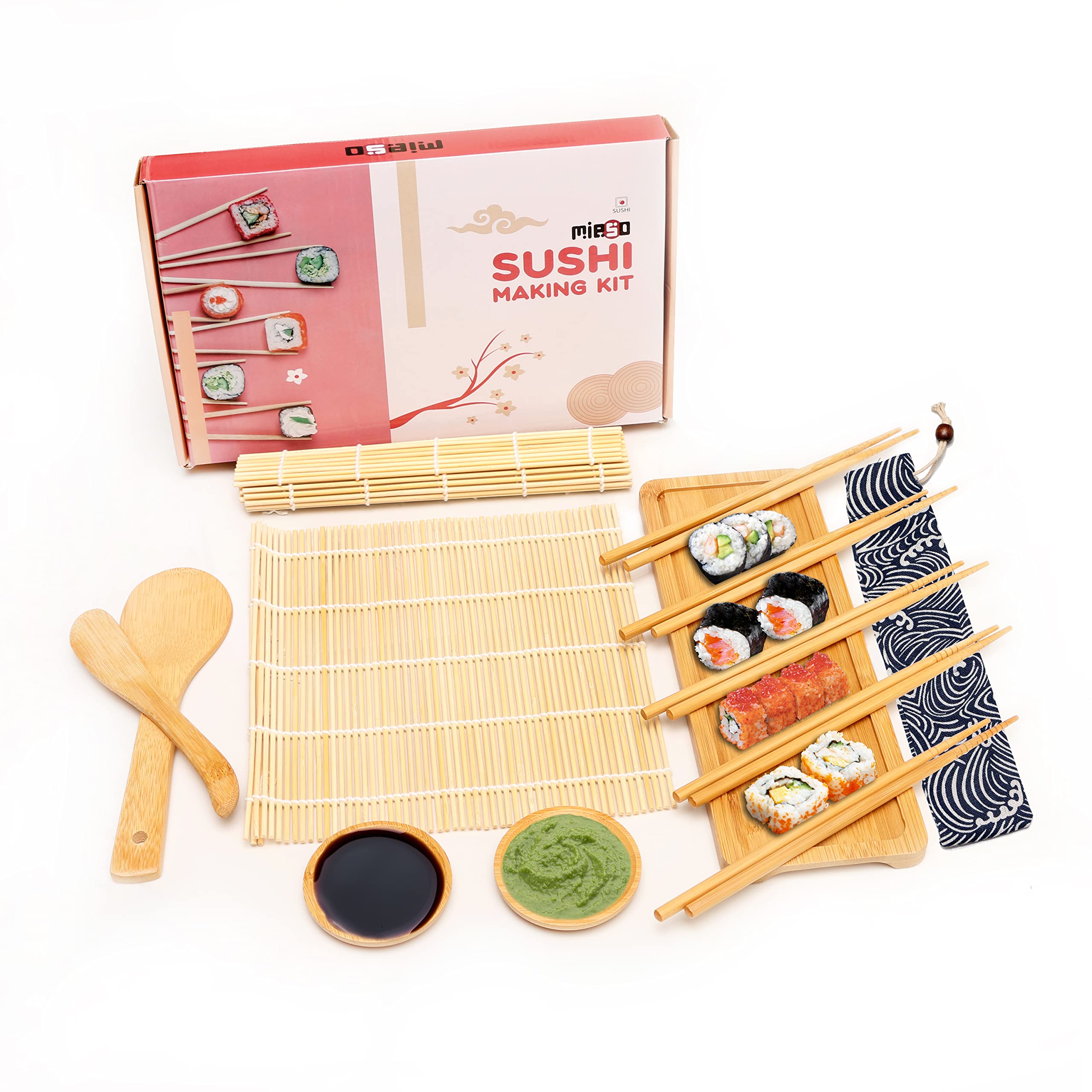 Sushi Making Kit 13 pcs - Easy to Wash kit Includes 2 Sushi Rolling Mat, 5 Japanese Chopstick Pairs with Fabric Bag, 1 Bamboo Tray, Rice Paddle, Spreader, 2 Sauce Dishes with E-Book