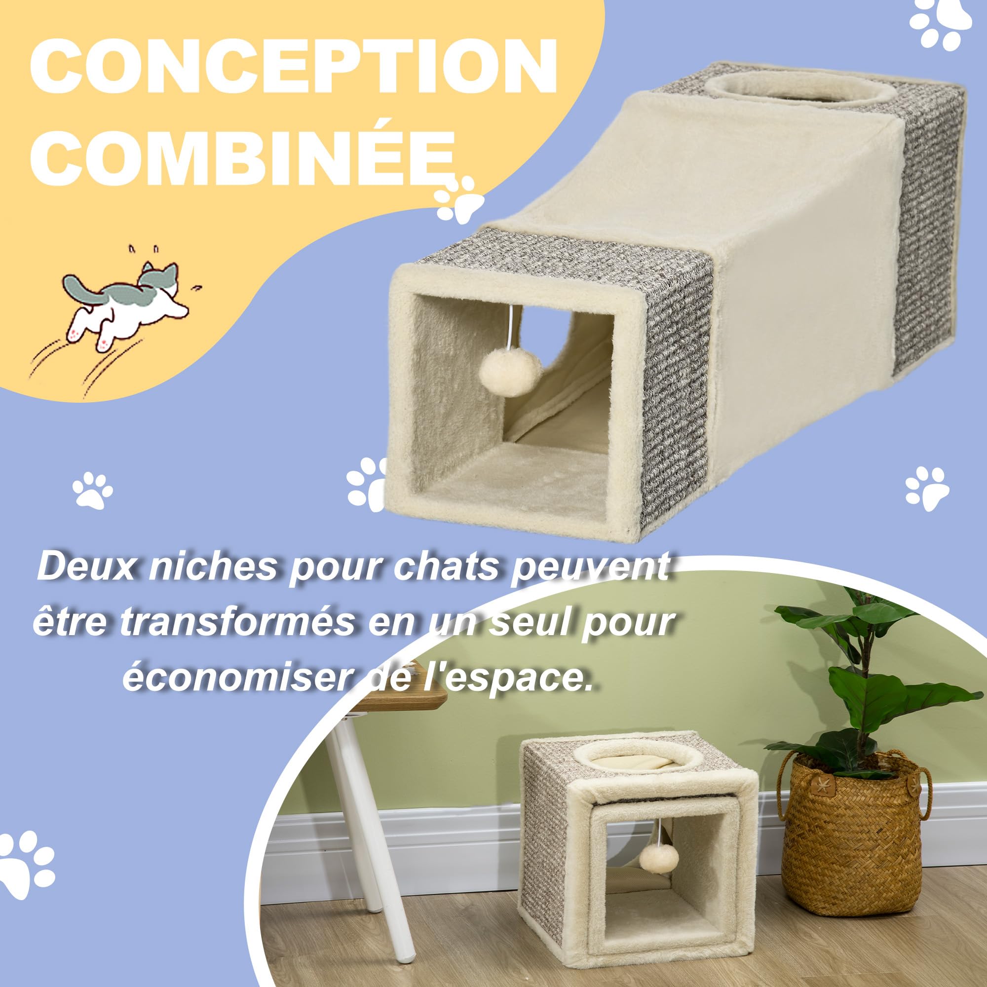 PawHut Tunnel pour Chat intérieur, Jouets pour Chats, Tunnel de Jeu avec Balle Suspendue pour Chats avec 2 niches, entrées Multiples, en sisal, crème