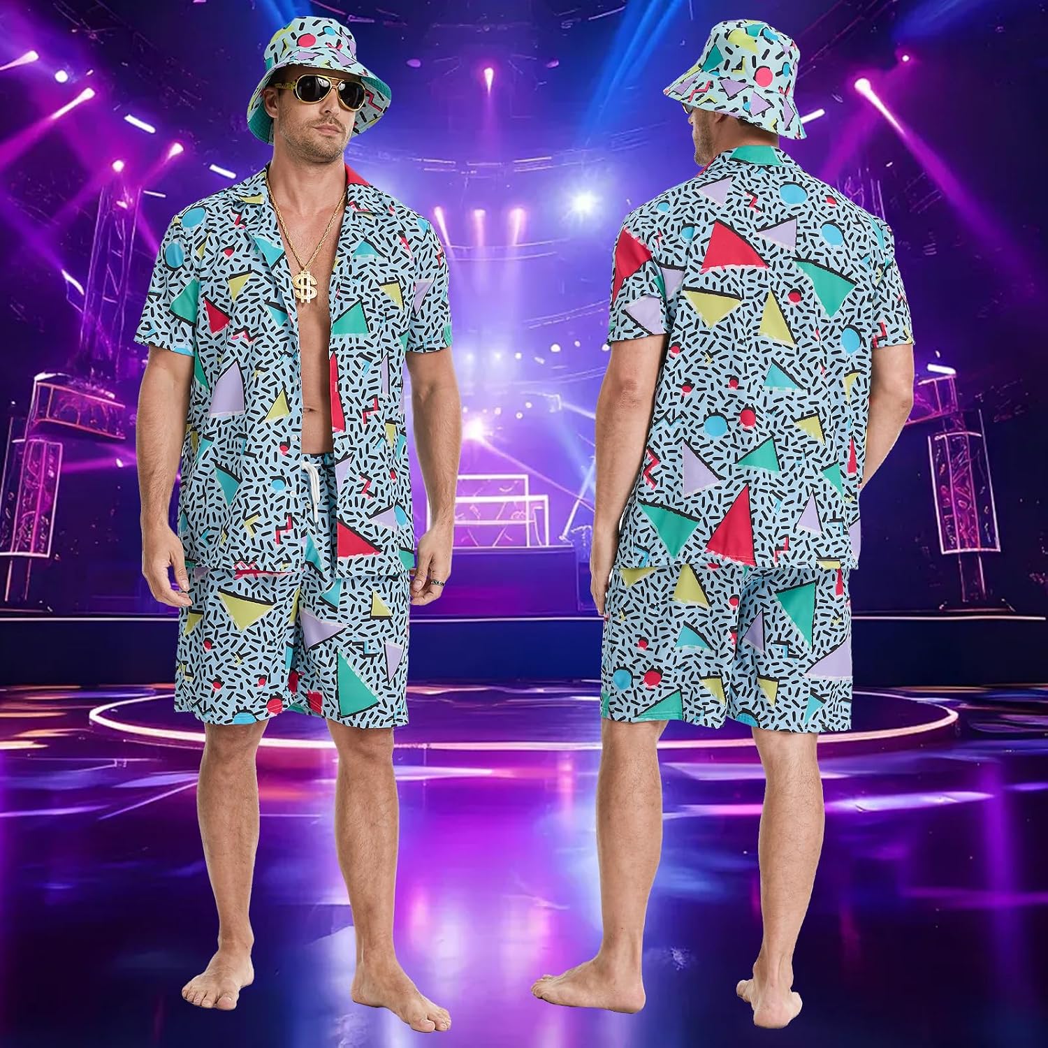 80s 90s Outfit for Men, Hawaiian Vintage Shirt &Shorts Set, Hip-Hop Costume for Halloween Disco Retro Theme Party