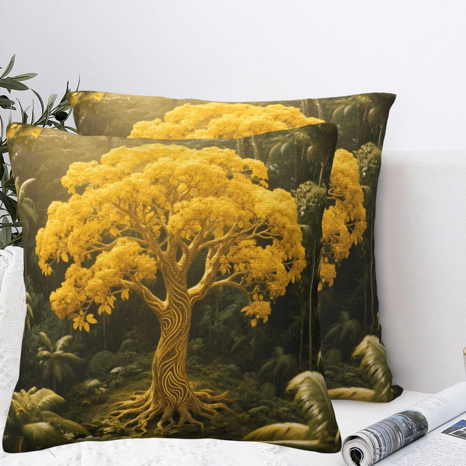 BTCOWZRV Yellow Tree of Life Design Plush Throw Pillow Covers 18"X18",Soft Cozy Couch Cushion Covers Decorative Pillow Cases for Holiday Home Bedroom Sofa Decors