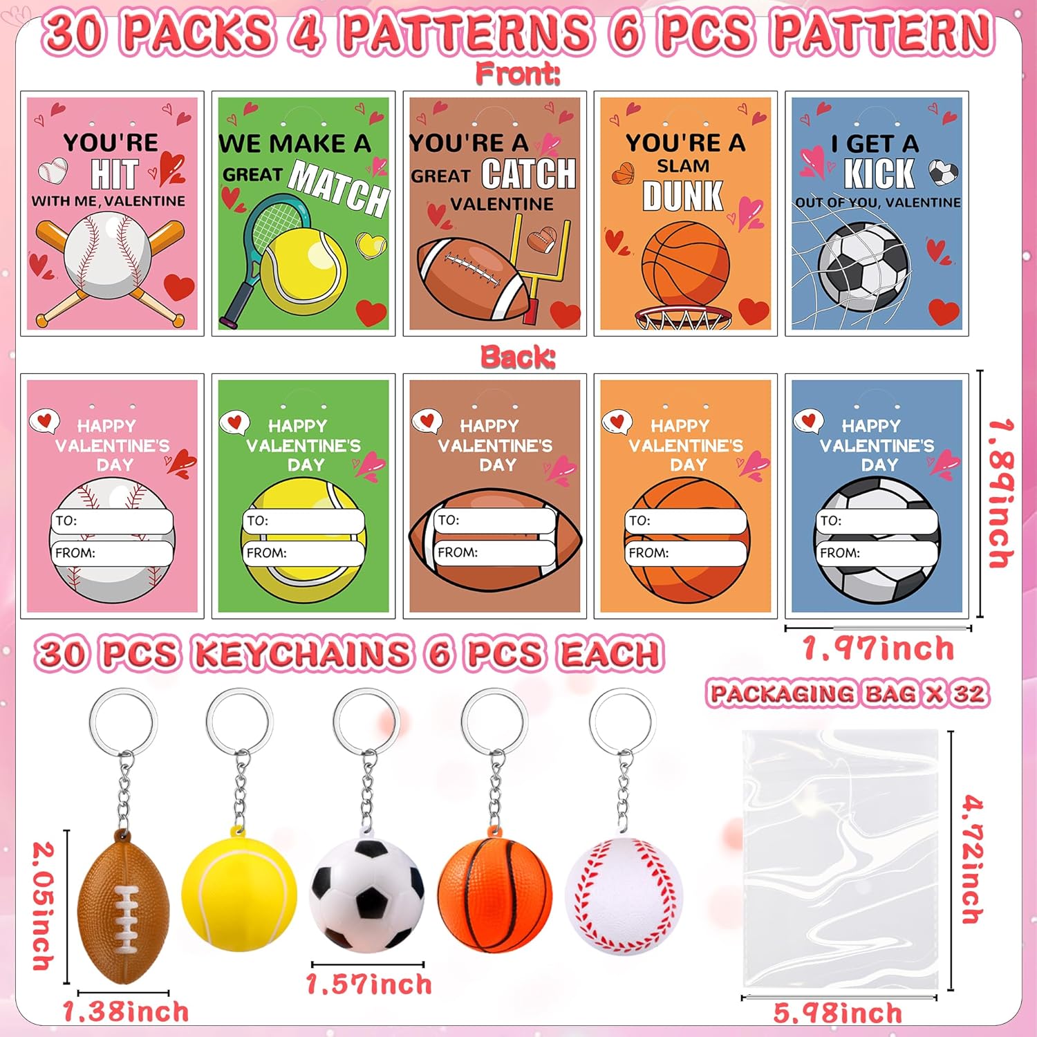 30 Pack Valentines Day Cards for Kids Classroom Valentines Day Gifts for Kids School with Stress Fidget Ball Keychain Valentines for Class Valentines Exchange Cards Party Favors Exchange Gift Set