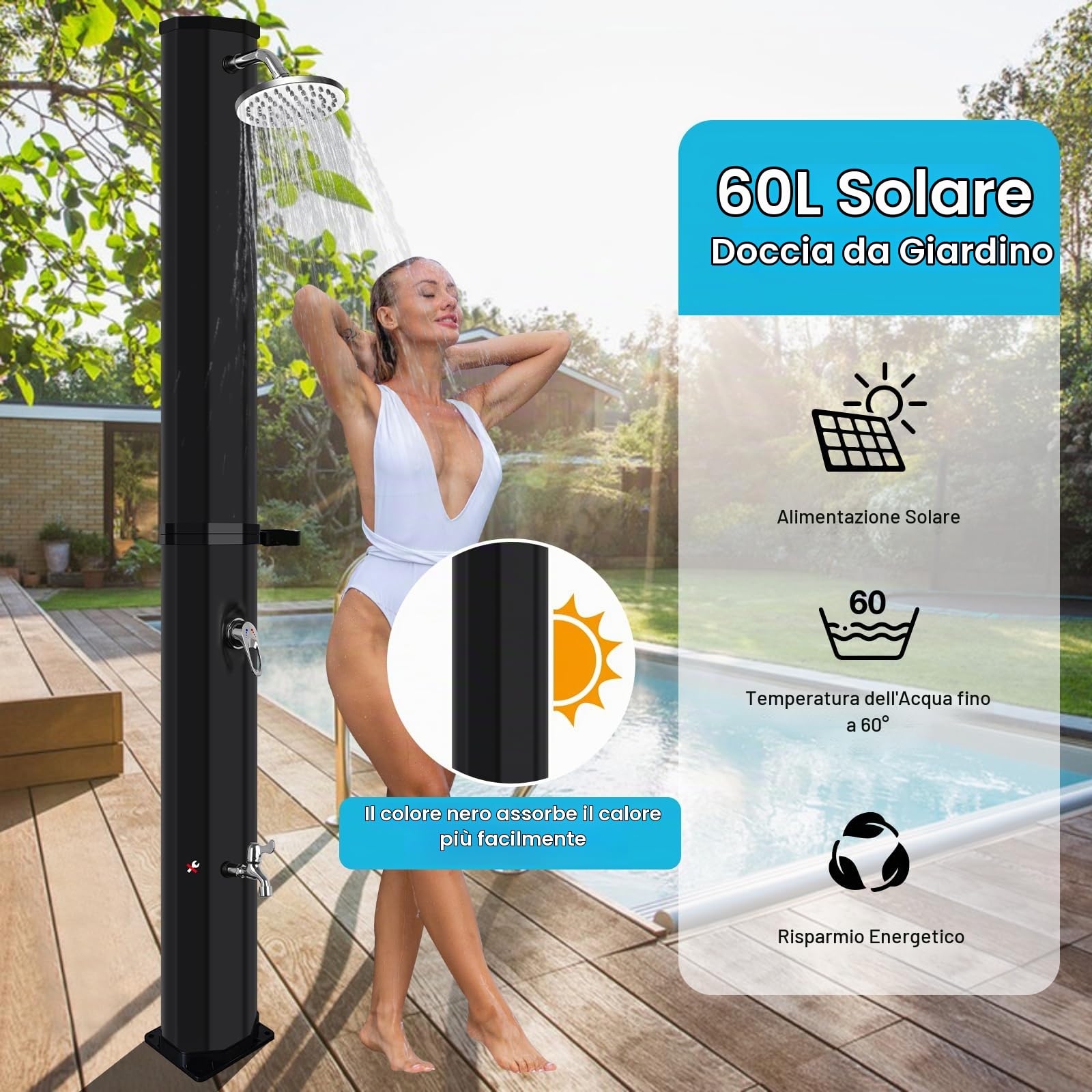 Doccia Solare Esterno 60 L, Colonna Doccia Solare Piscina con Telo Protettivo, Solare da Esterno con Doccia e Rubinetto a Pedale, Serbatoio PVC, Acqua Calda Fredda, Soffione 360° Giardino Campeggio