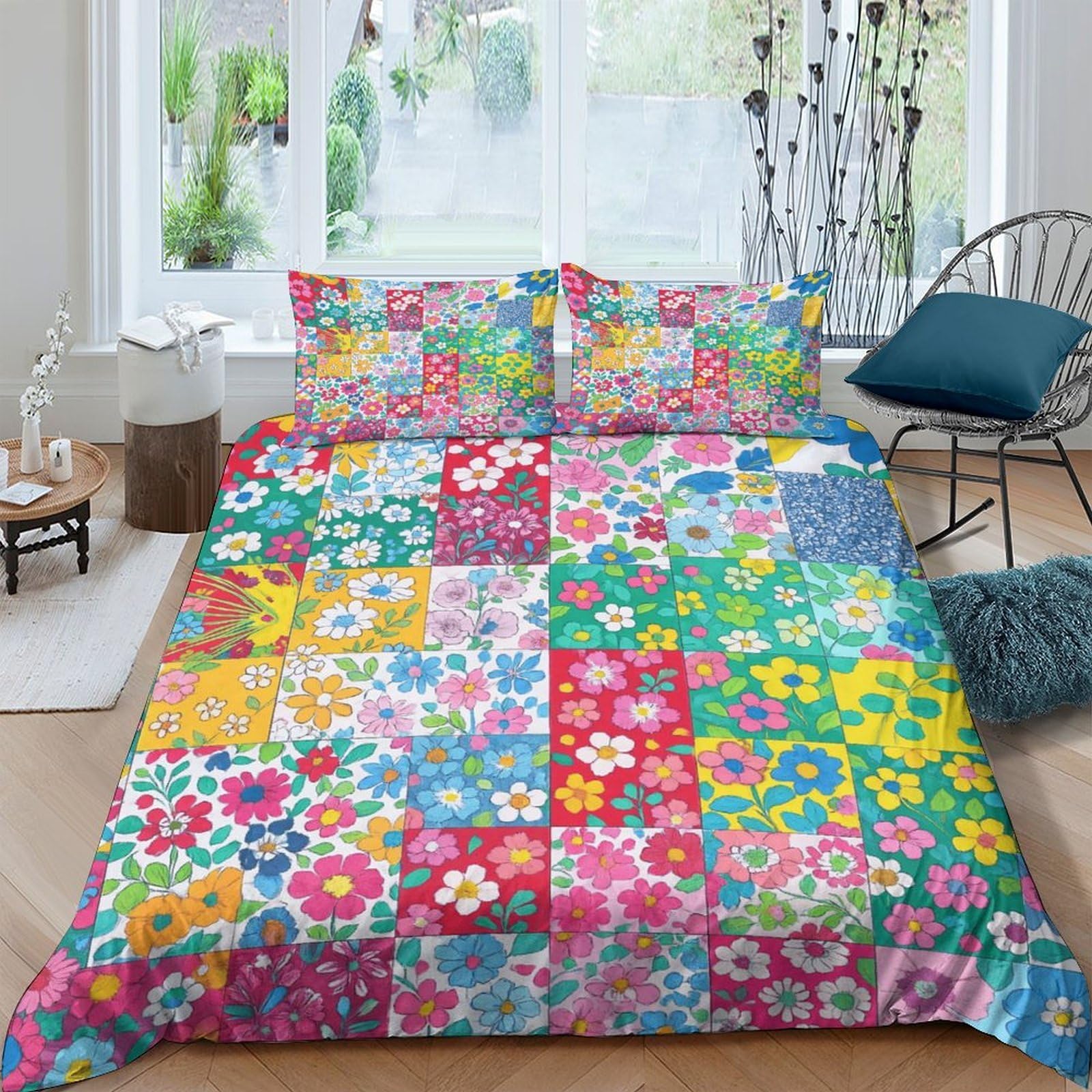 Unrxjzlvm Style-3 Colourful Patchwork Floral Duvet Set Microfiber Gift Student