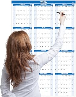 2026 Yearly Wall Calendar - JAN 2026 - DEC 2026, 22.8" x 34.4" (Open), 2026 Wall Calendar, Premium Paper, Double-Sided Small Round Sticks, Blue