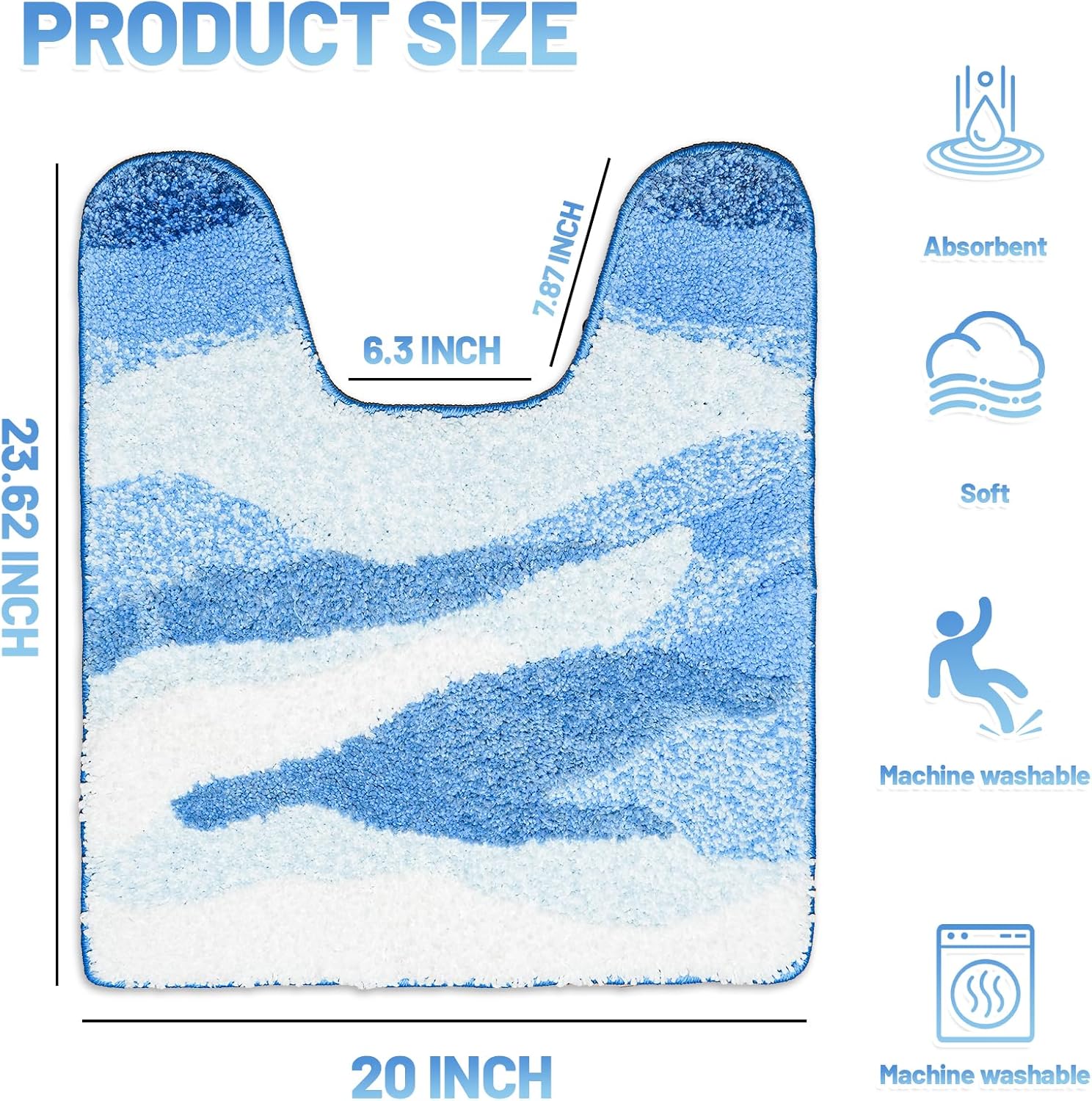Wave Non-Slip U Shaped Toilet Bathroom Rug, Luxurious Tufted Extra Thick U-Shaped Bathroom Toilet Rug,Blue Ocean Beach Wave Designed U-Shaped Toilet Floor Mat, Washable Toilet Mat (24 x 20 in)