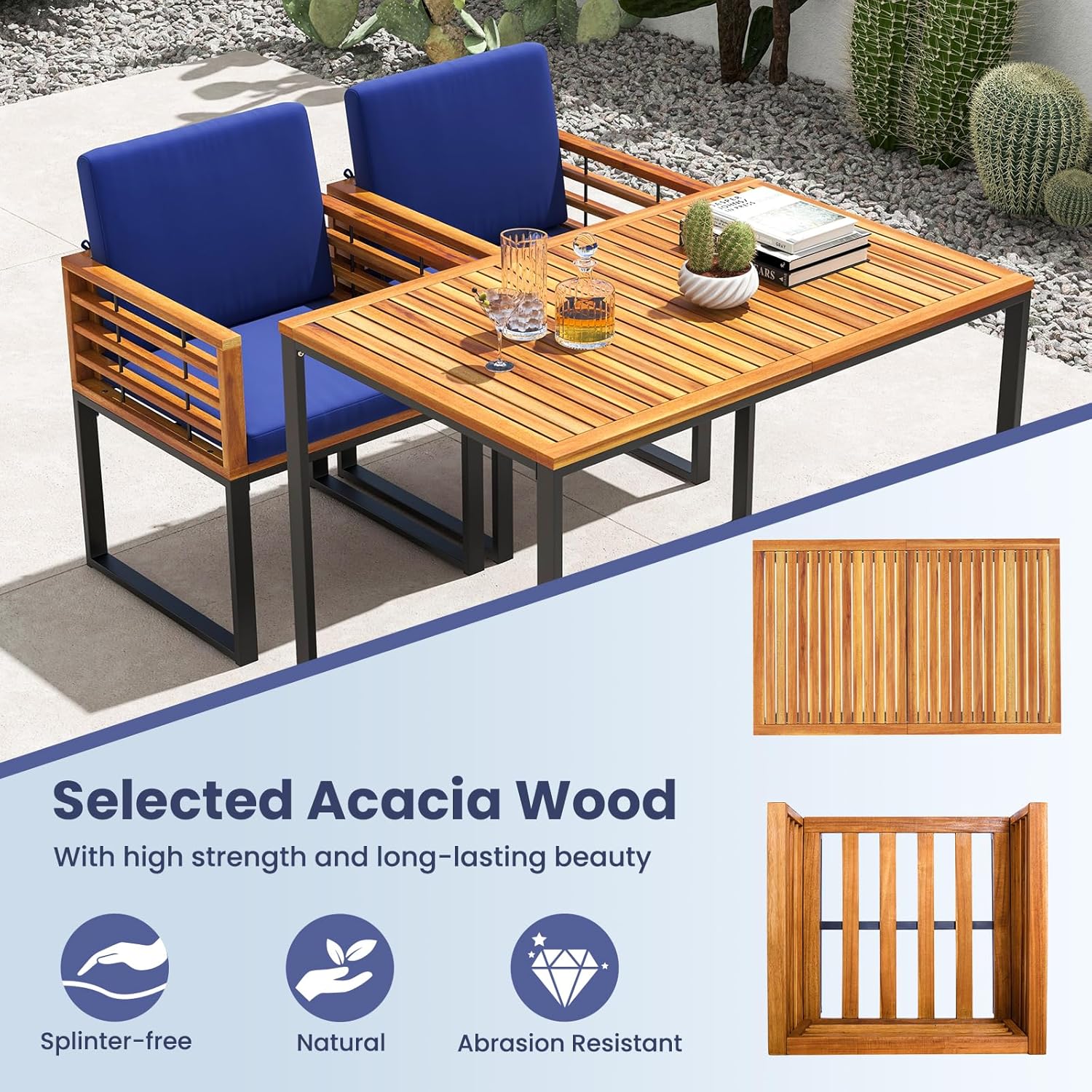 Tangkula Acacia Wood Patio Dining Table, 4-Person Rectangular Outdoor Dining Table with Metal Frame, Outdoor Patio Table for Porch, Garden, Deck, Lawn and Backyard