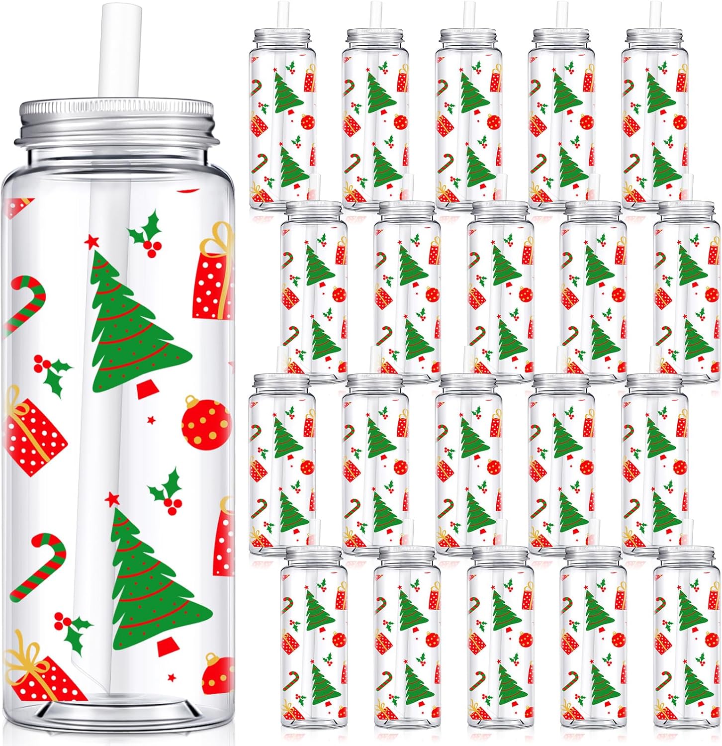 24 Pcs Christmas Reusable Cups Bulk with Lids and Straws 14 oz, Plastic Mason Cups Holiday Party Tumblers for Hot Cocoa Coffee Tea, Xmas Beverage Tumbler for Adults Party Favors