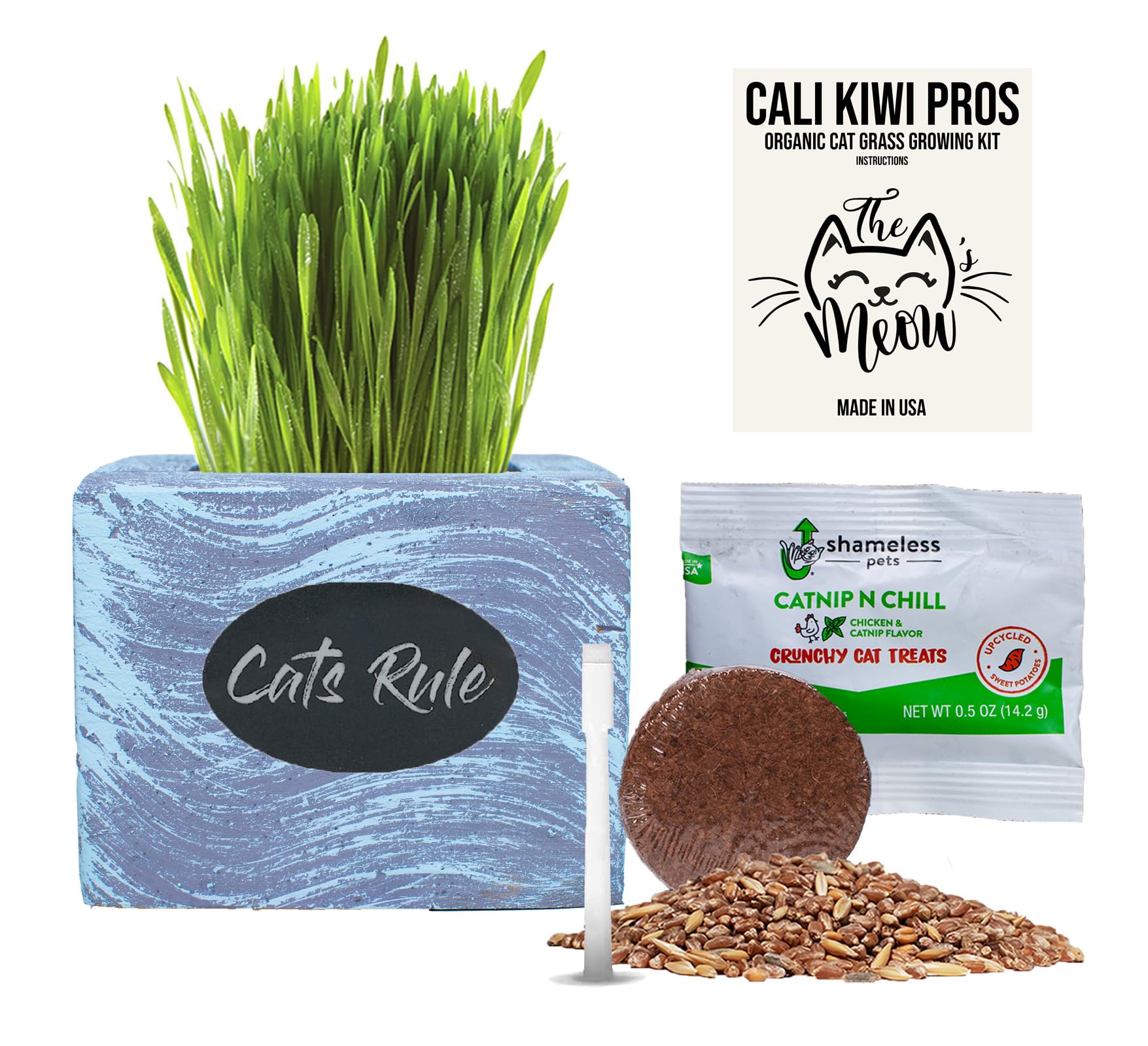 Cali Kiwi Pros Cat Grass for Indoor Cats Kit – Organic Wheatgrass Seed & Soil, Hairball Remedy in Red Cedar Planter, Gift Box with Bonus Label, Pen & 10% Cat Treats Discount (Coast)