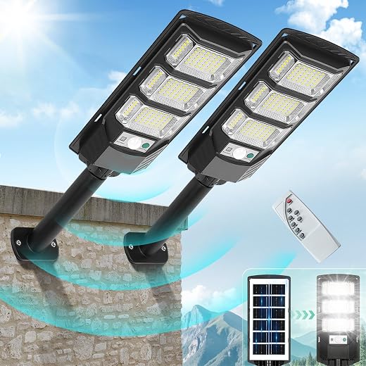 Solar Street Lights Outdoor 2 Pack, 6500K Solar Lights Outdoor Waterproof with Motion Sensor, Solar Flood Security Lights with Remote Control Dusk to Dawn Commercial Lighting for Yard Path