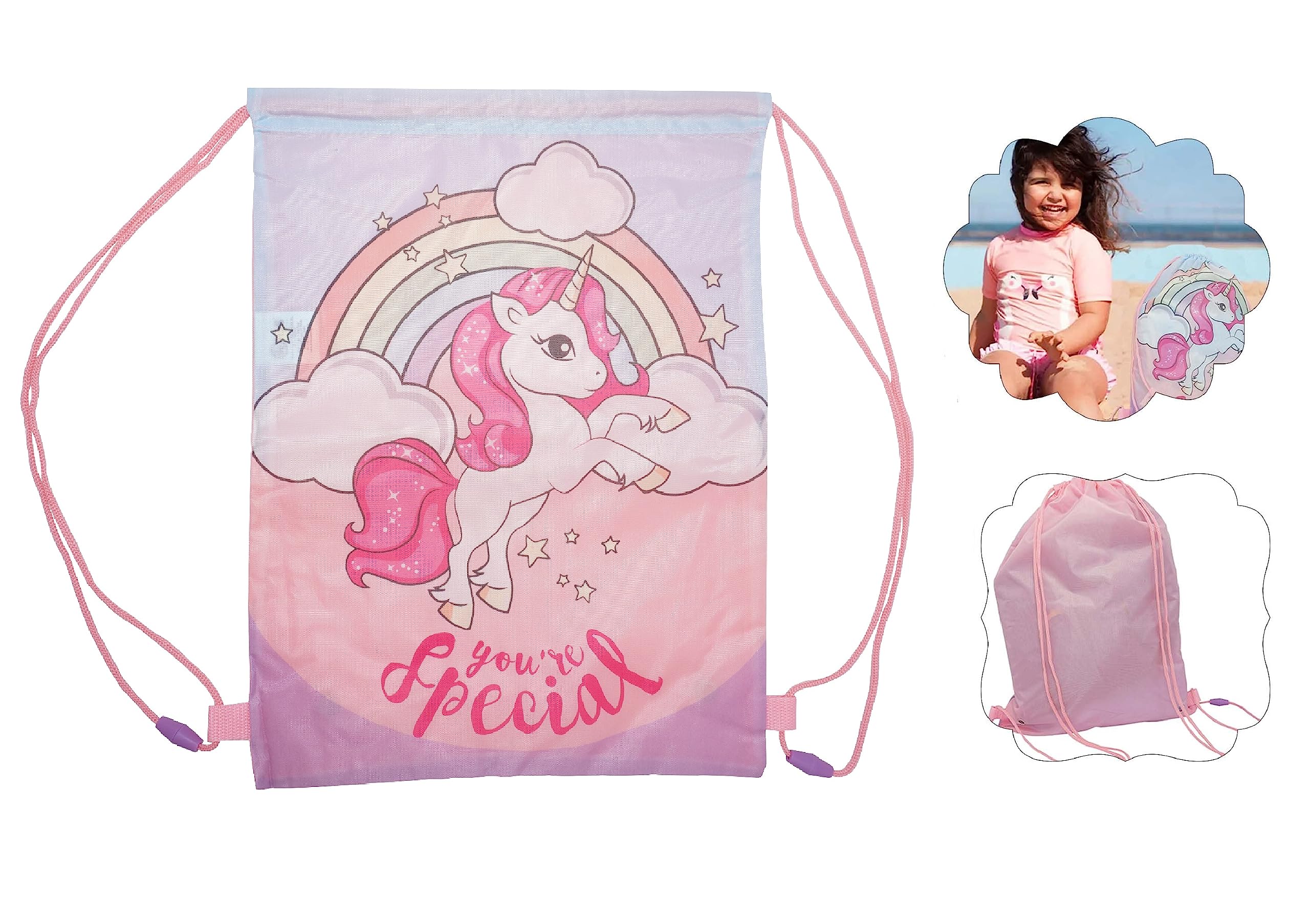 Srv Hub Unisex Kids Unicorn Kids Drawstring Backpack, Swim Bag, Water Resistant Polyester, Adjustable Straps, 39.5X28cm, School Gym Beach Camping, 3+ Years