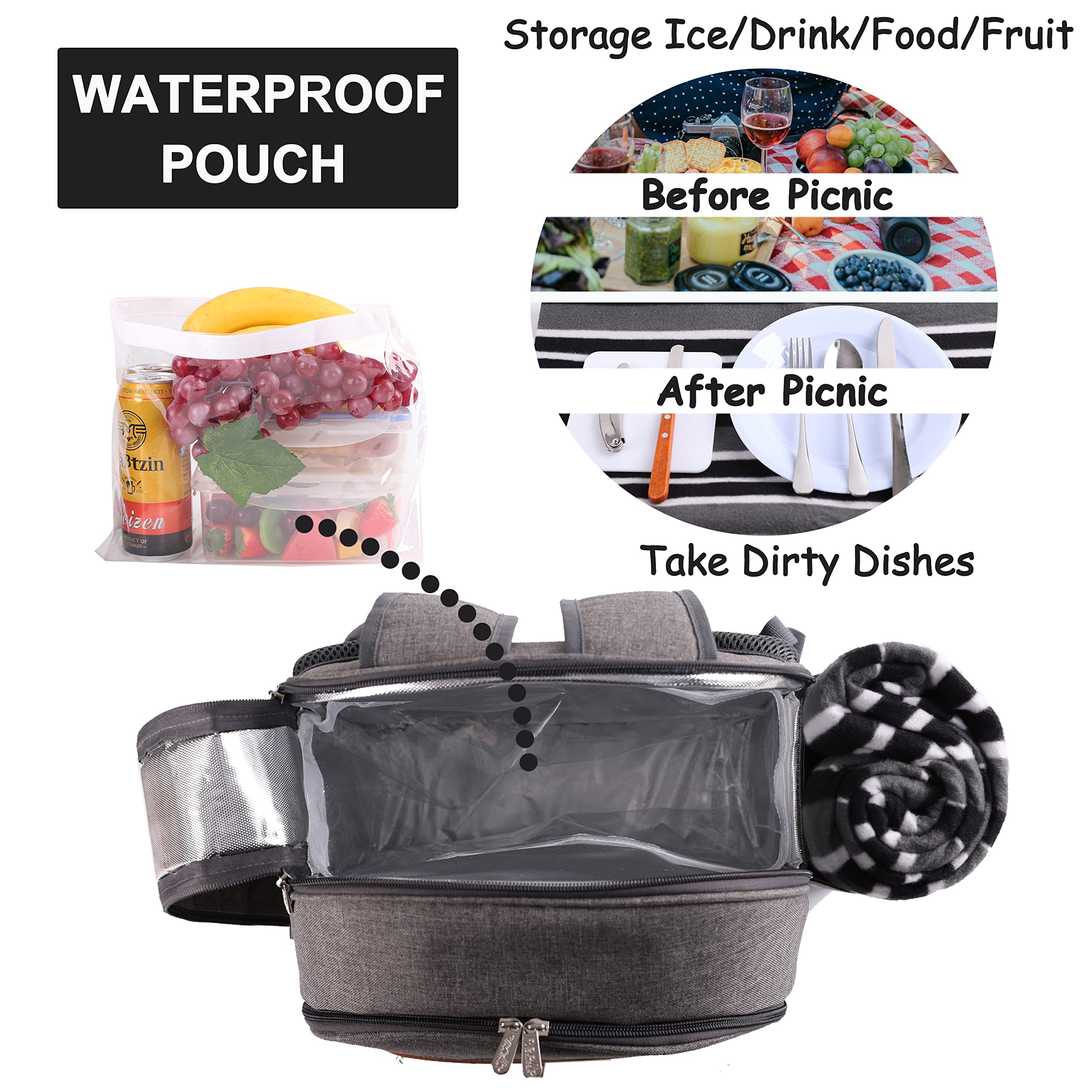 Apollo Walker Set zaino da picnic per 2 persone con scomparto refrigerante, portabottiglia/vino staccabile, coperta in pile, piatti e set di posate