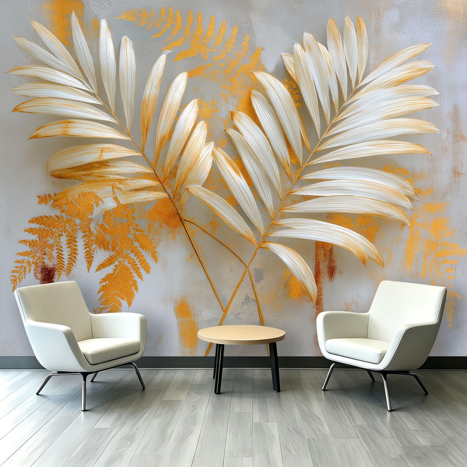 Nowoczesna minimalistyczna fototapeta, botaniczna folia z liści palmowych, złota folia, tapeta z włókniny, 350 x 256 cm, tapeta ścienna 3D, tapeta ścienna do salonu, kuchni, sypialni i pokoju