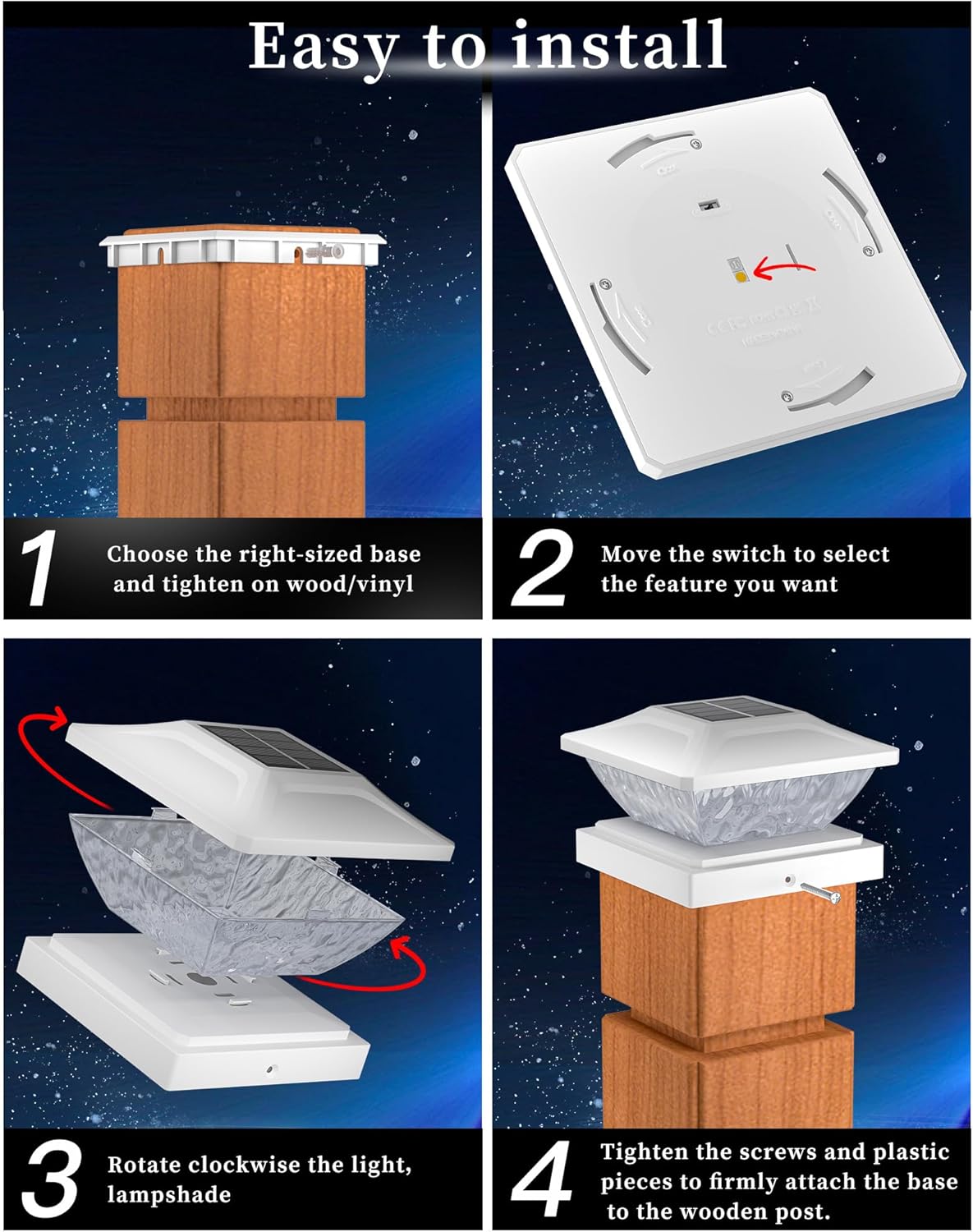 Ofuray Solar Post Cap Lights,4Pack Fence Deck Post Cap Solar Powered Lights RGB with Two Modes,Fit for 4“x4“ 5“x5 “ with 3 Bases,Ip64 Waterproof Outdoor for Fence Deck Mailbox Stairway White