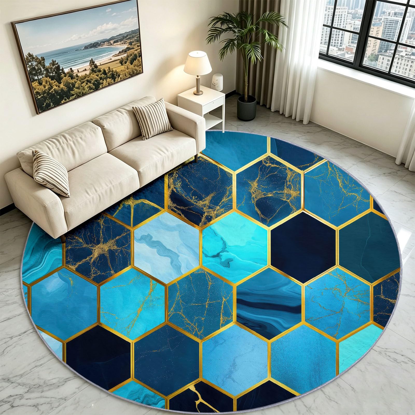 Tappeto rotondo per soggiorno, 150 cm, piastrelle in marmo esagonale, lavabile, per camera da letto, moderno, geometrico, antiscivolo, antiscivolo, morbido, a pelo basso, per camera dei bambini