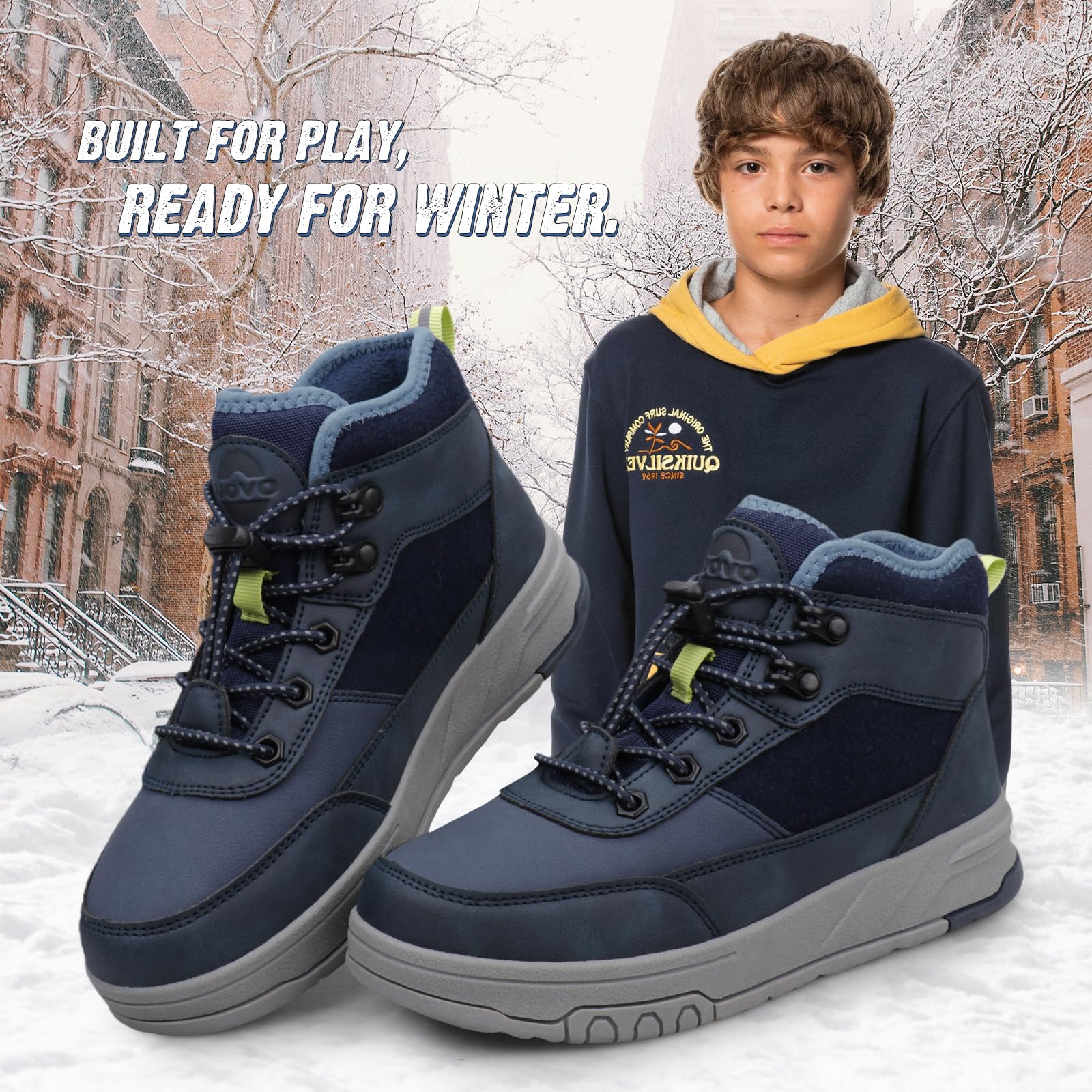 UOVO Botas de invierno para niños, botas de senderismo al aire libre, botas cálidas de tobillo medio, zapatos de nieve resistentes al agua, parte superior de piel sintética, suela acolchada de TPR