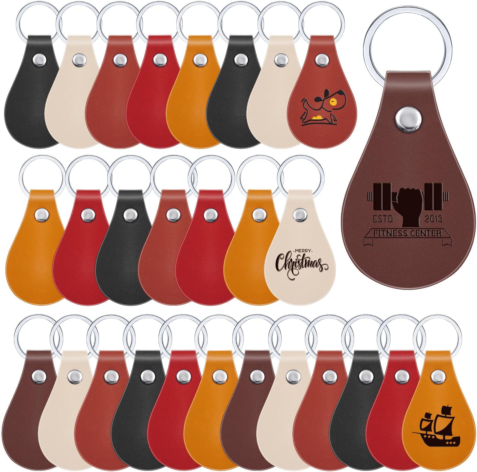 Taiyin 30 Pcs Leather Key Fob Kit for DIY Craft PU Blanks with Rivets and Key Ring for Laser Engraving Keychain (Multi Colors)