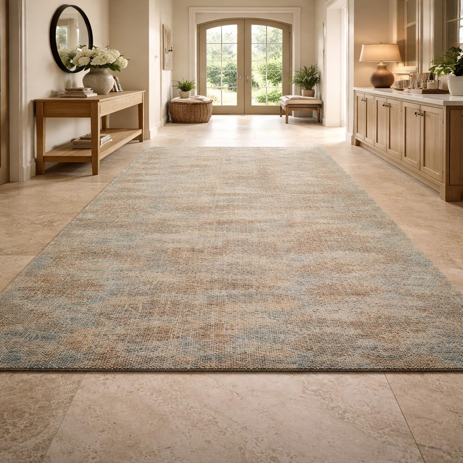Grand tapis de salon beige et bleu 200 x 280 cm idéal pour une chambre moderne