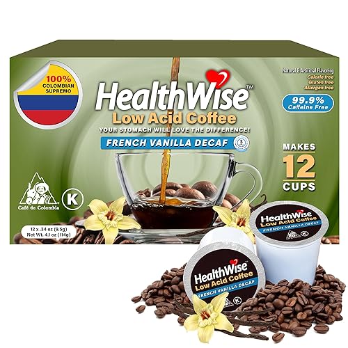 Miniatura 1 de Healthwise K-Cups de café descafeinado de vainilla francesa con bajo ácido, proceso de agua suizo, reflujo ácido, acidez estomacal, problemas