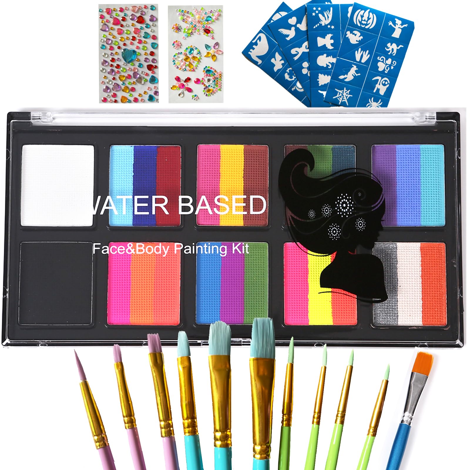 Face Painting Kit Professional with Stencils ,10 Split Cake Face Paint Kit Palettes,Rainbow Water Activated Facepaint Makeup Kit with Brush Set for