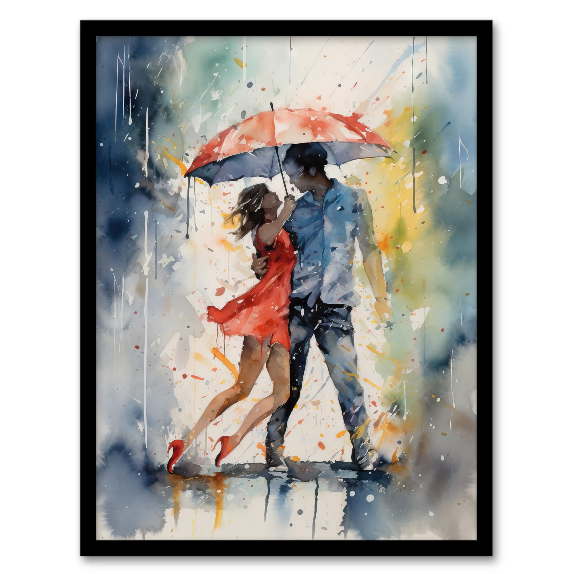 Dancing In The Rain Watercolour Romance Red Blue Painting - Artery8 Wall Art Print - W12 x H16 inch