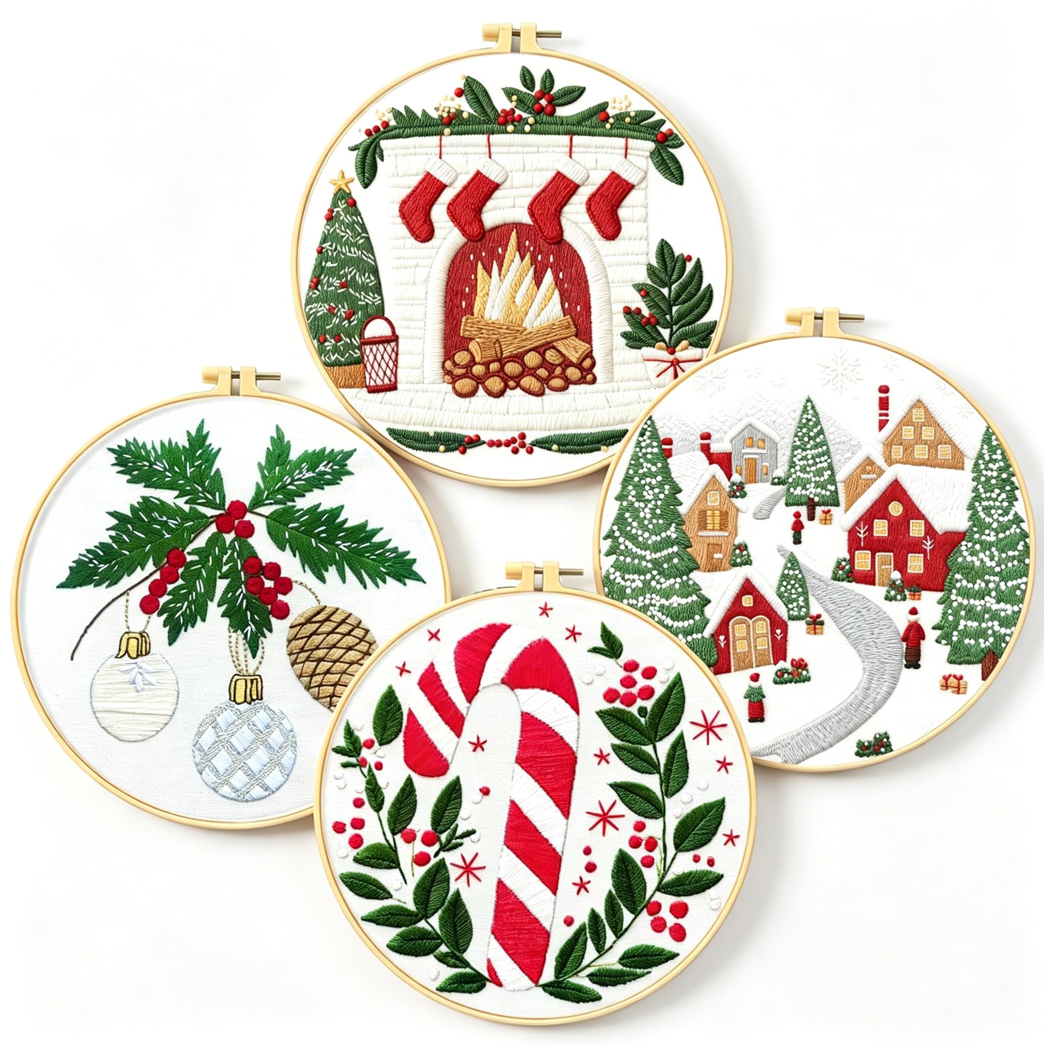Zhenqing Christmas Embroidery Kit for Beginners - 4 Piece 29x29cm Round Designs with Embroidery Hoop, Threads &amp; Tools (Snowy Cabin, Fireplace, Candy Cane, Holly)(C0066)