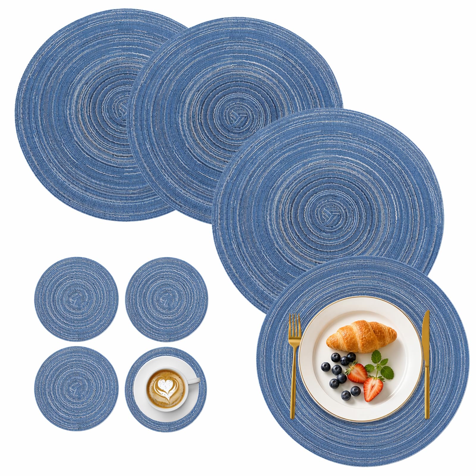 KASURE 8 Pieces Round Placemats Set, 30 cm Placemats(4) and 11 cm Coaster(4), Round Braided Woven Place Mats, Easy Clean Heat Resistant and Non Slip for Kitchen Dining Table Home Restaurant, Blue