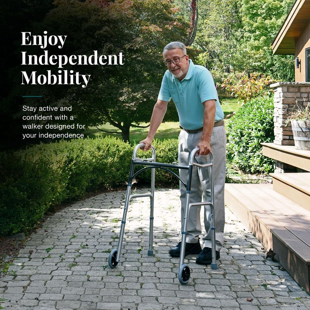 Medical King Silver Aluminum Rolling Walker for Seniors and Adults, 350 Pounds Weight Capacity, Foldable, Classic Style