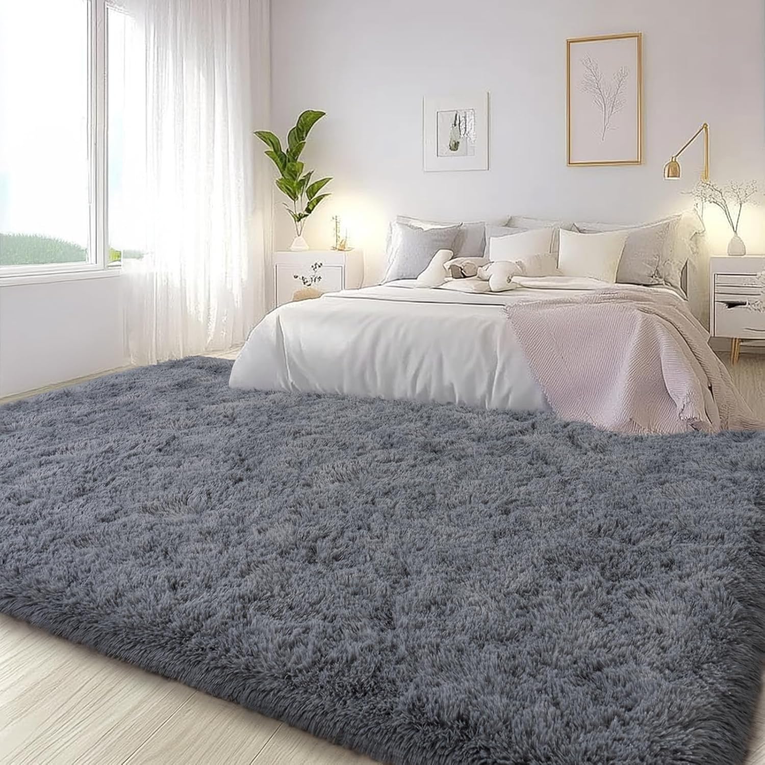 Large Area Rugs for Living Room Bedroom, 6x9 Feet Grey Fluffy Shag Rugs, Ultra Soft Shaggy Plush Fuzzy Modern Indoor Throw Floor Carpet for Kids Girls Dorm Nursery Home Decor Aesthetic
