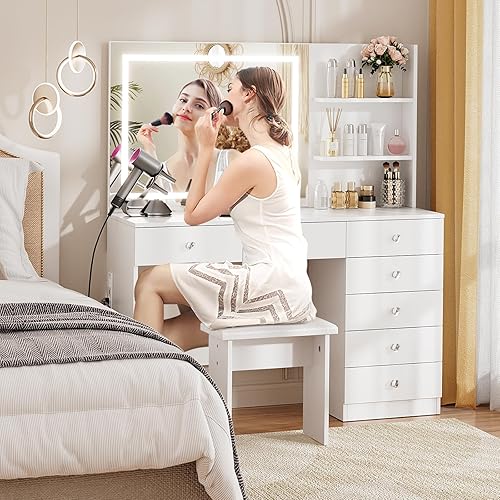 Miniatura 3 de VOWNER Tocador con espejo iluminado: escritorio de maquillaje de 47 pulgadas con 7 cajones, 3 estantes de almacenamiento y tomacorriente, 3 modos de