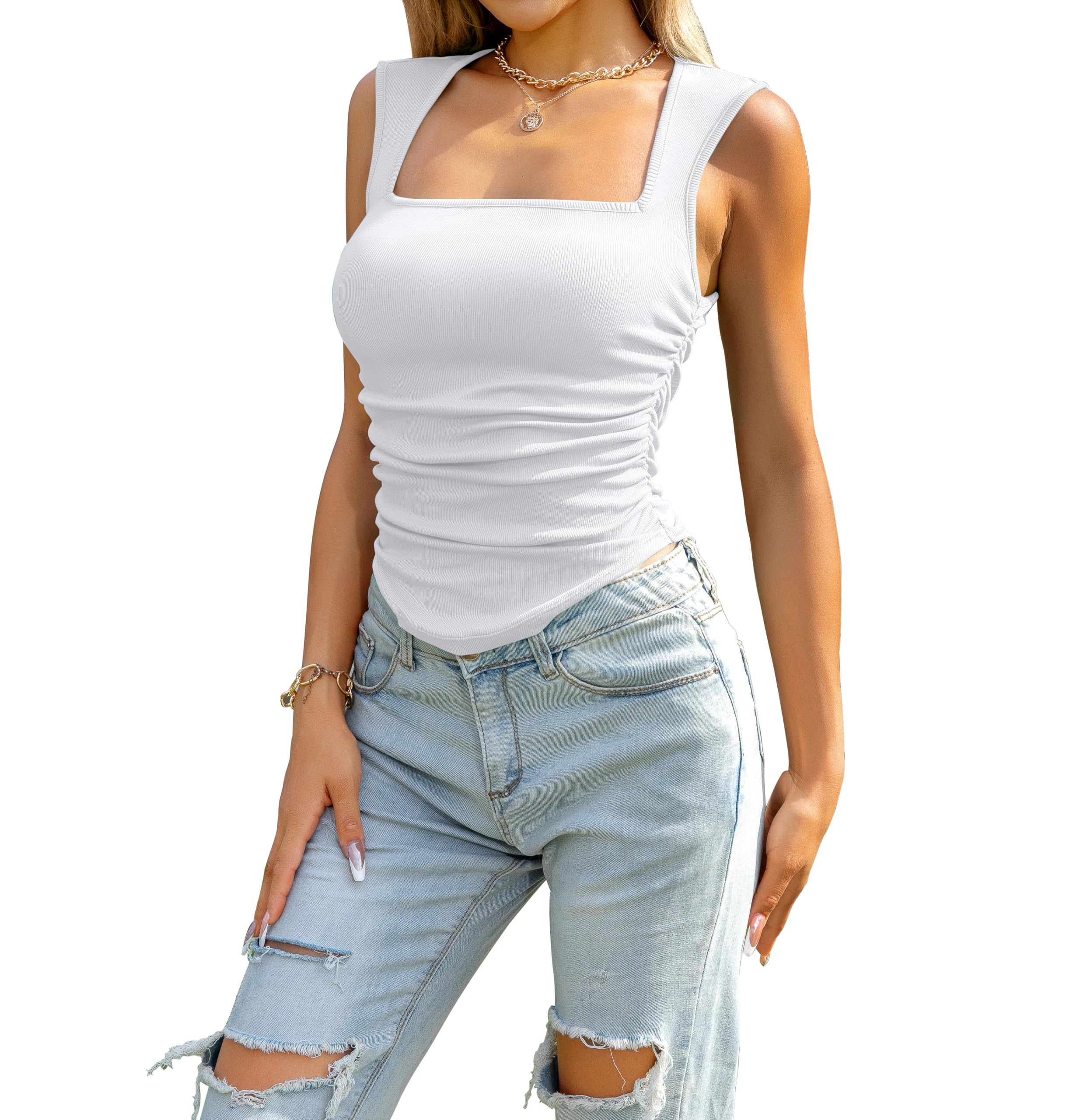 DYLH Square Neck Tank Top for Women Ruched Going Out Tops Ribbed Sexy Summer Tops Cropped Tank Tops