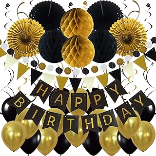 Best ZERODECO Birthday Party Decoration, Happy Birthday Banner with Paper Fans, Honeycomb Balls, Triangular Pennants, Circle Paper Garland, Hanging Swirls and Balloons - Black and Imitation-Gold Review 