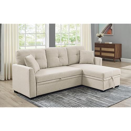 Ball & Cast 85" Convertible Sleeper Sofa Bed,Small Corner Sofa Sectional Couches for Living Room,Upholstered L Shaped Pull Out Couch Bed with Reversible Storage Chaise,Beige