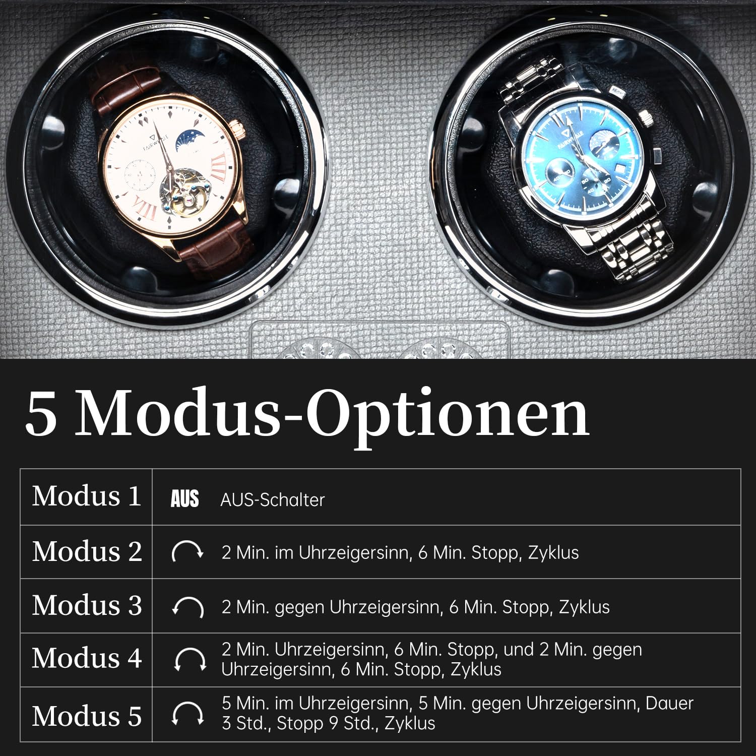 Mcbazel Uhrenbeweger für 2 Automatikuhren, Uhrenbeweger Leiser Motor mit 4 Rotationsmodi, Duale Stromversorgung (USB-C & Batterie), LED-Beleuchtung & Auto-Stopp Funktion