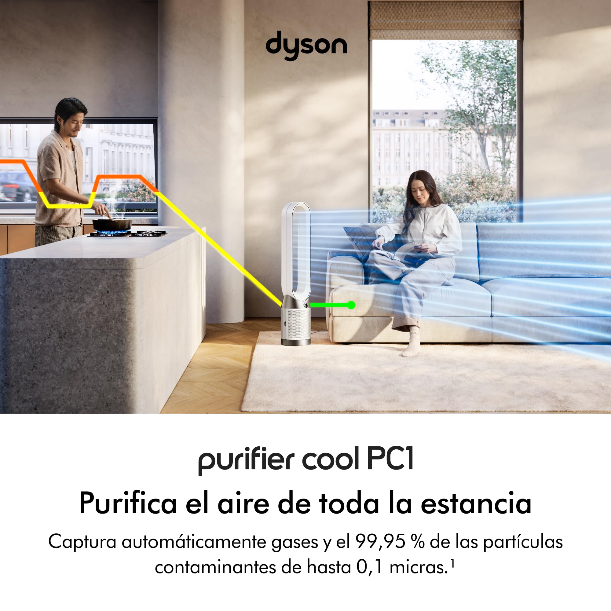 Dyson Purifier Cool™ PC1 Ventilador de Torre y Purificador de Aire, Filtro HEPA H13, Refrigeración Potente, Control por App y Mando, Sin Aspas, Oscilación 350°, Blanco