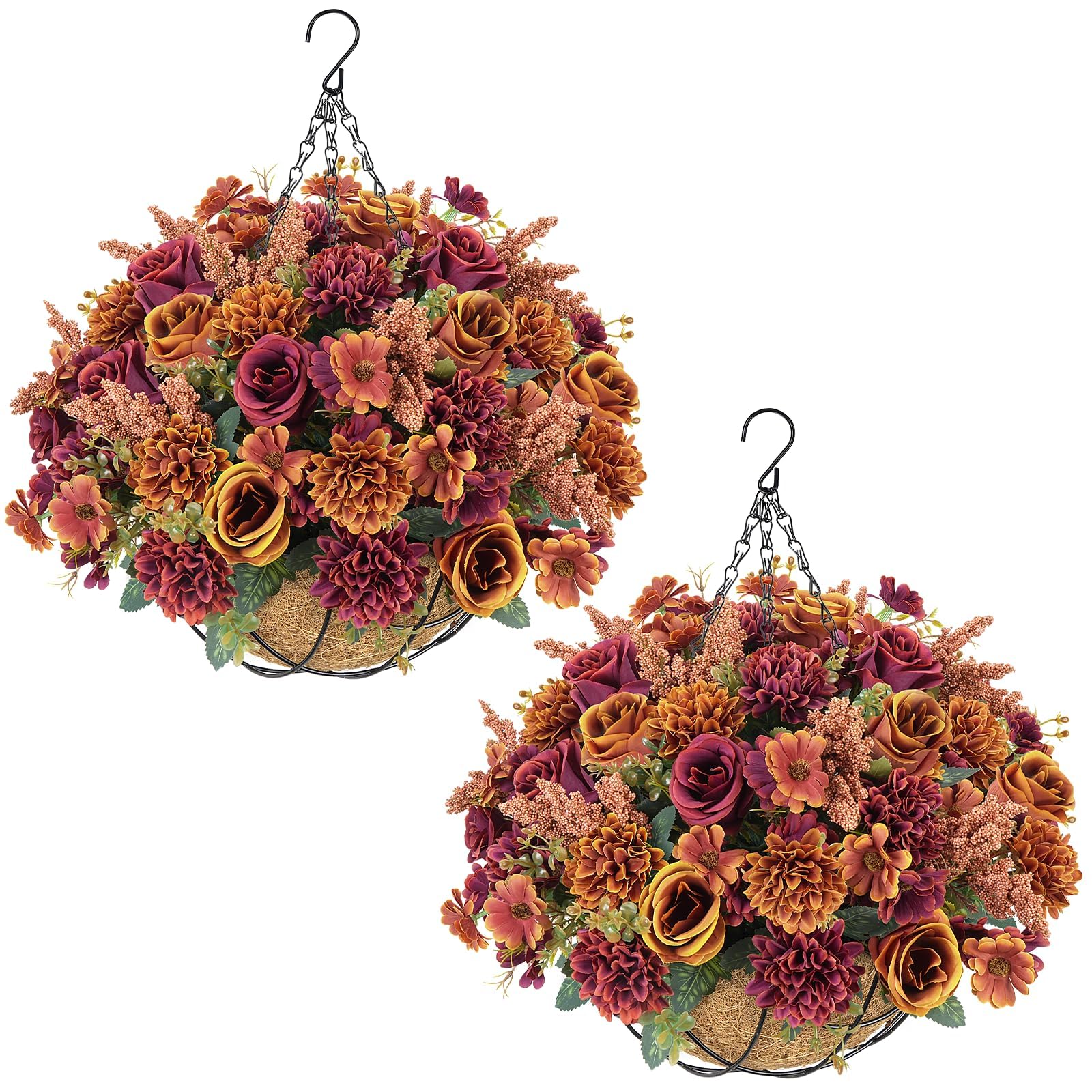 2Pcs Autumn Artificial Hanging Basket Outdoor Artificial Flowers Autumn Decorations Fall Faux Hanging Baskets Orange Red Fake Rose Flowers Silk Mums Daisy Flower Bouquet for Garden Porch Home Decor