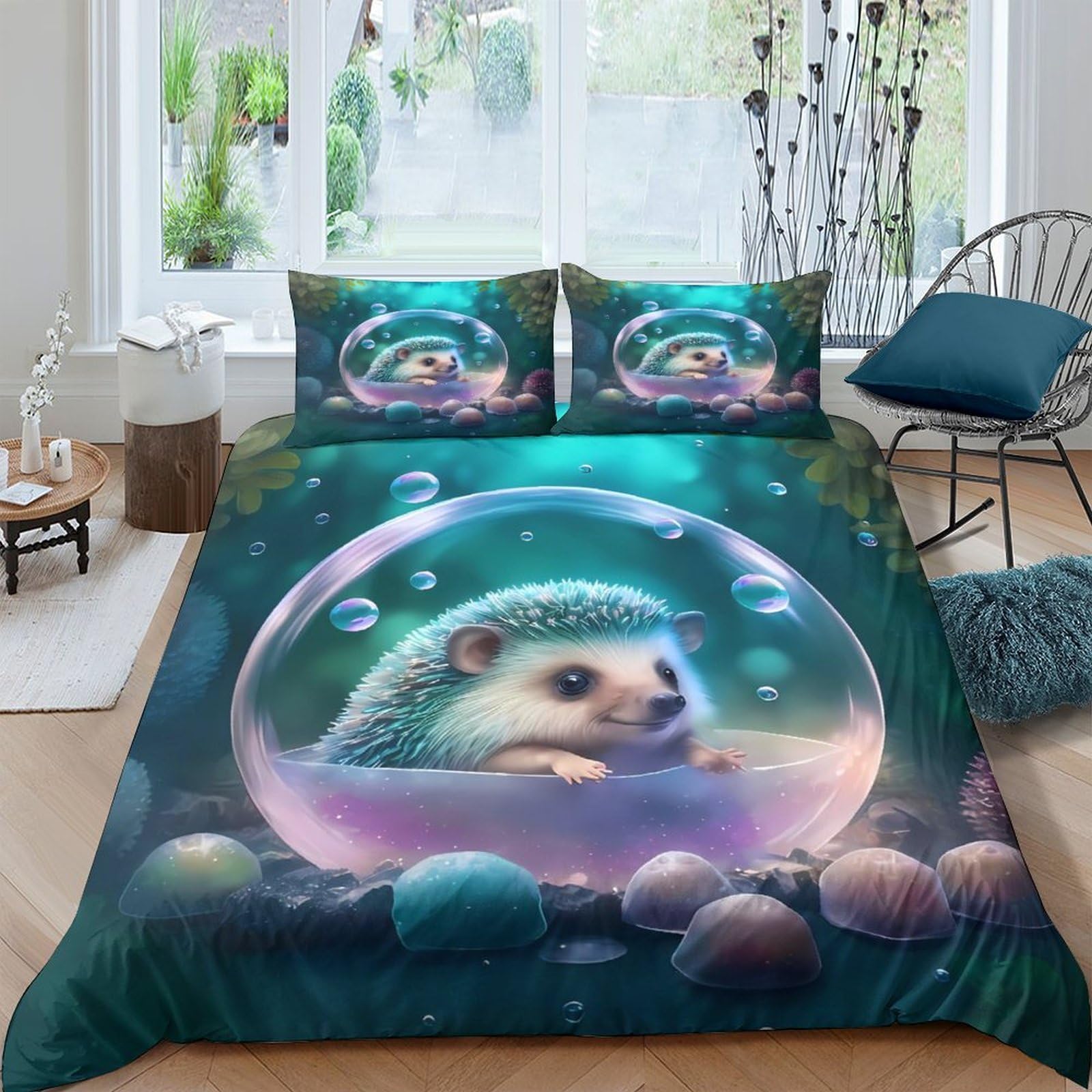 Ctjqhvkz Style-4 3D Printed Hedgehog Bubble Fitted Sheet Microfiber Soft Green Blue Fantasy Animal Bed Sheet For Bedroom Home Decor Single（135X200cm）