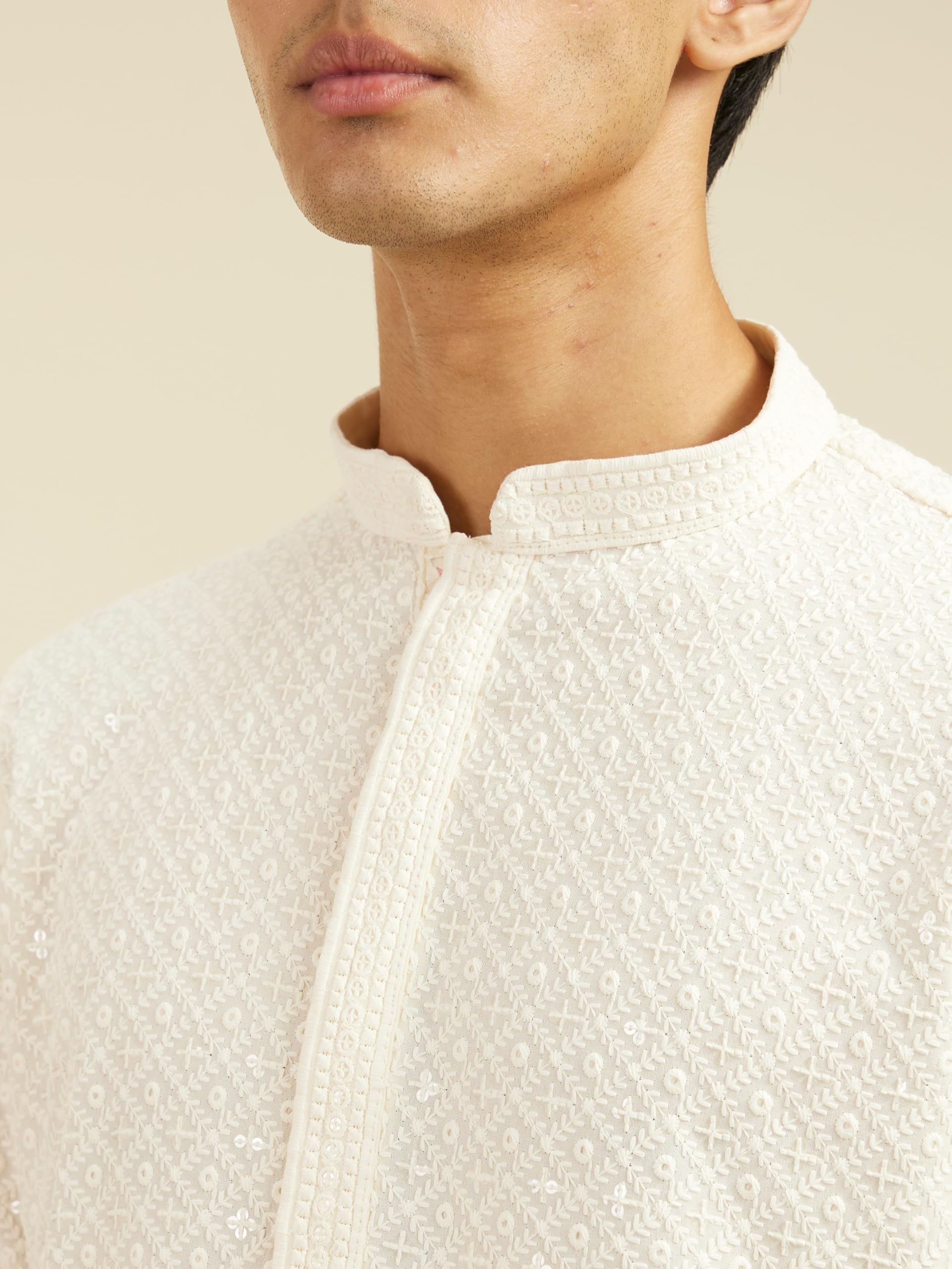 DIWAS BY MANYAVAR Men's Viscose Embroidered|Sequined Kurta (1pc) (in, Alpha, 2XL, Cream) 1