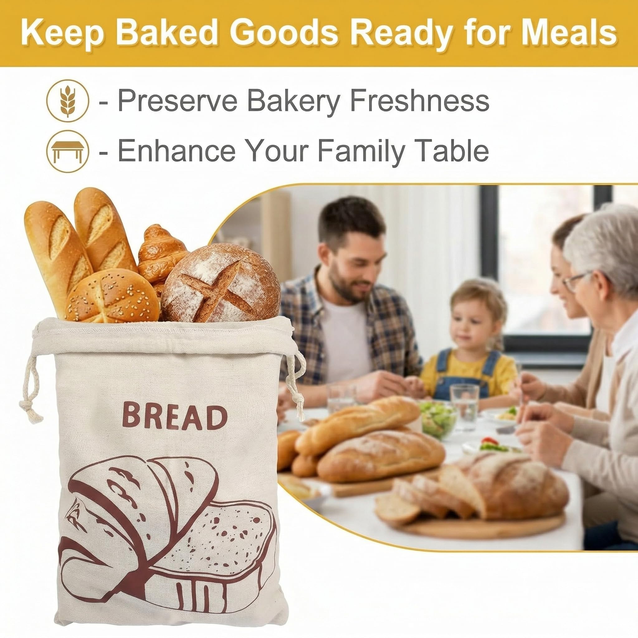Sac à Pain Réutilisable en Tissu Lot de 2 30 x 40 cm avec Cordon de Serrage pour Baguette Fruits Stockage