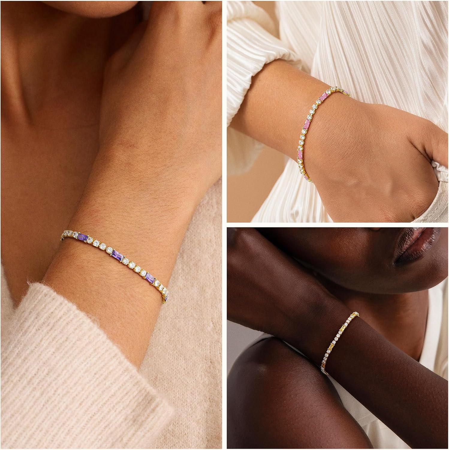 M MOOHAM Adjustable Birthstone Tennis Bracelets for Women, Dainty 14K-Gold-Plated Bracelets for Womens Birthstone Tennis Bracelet for Women Non Tarnish Jewelry Birthday Gifts