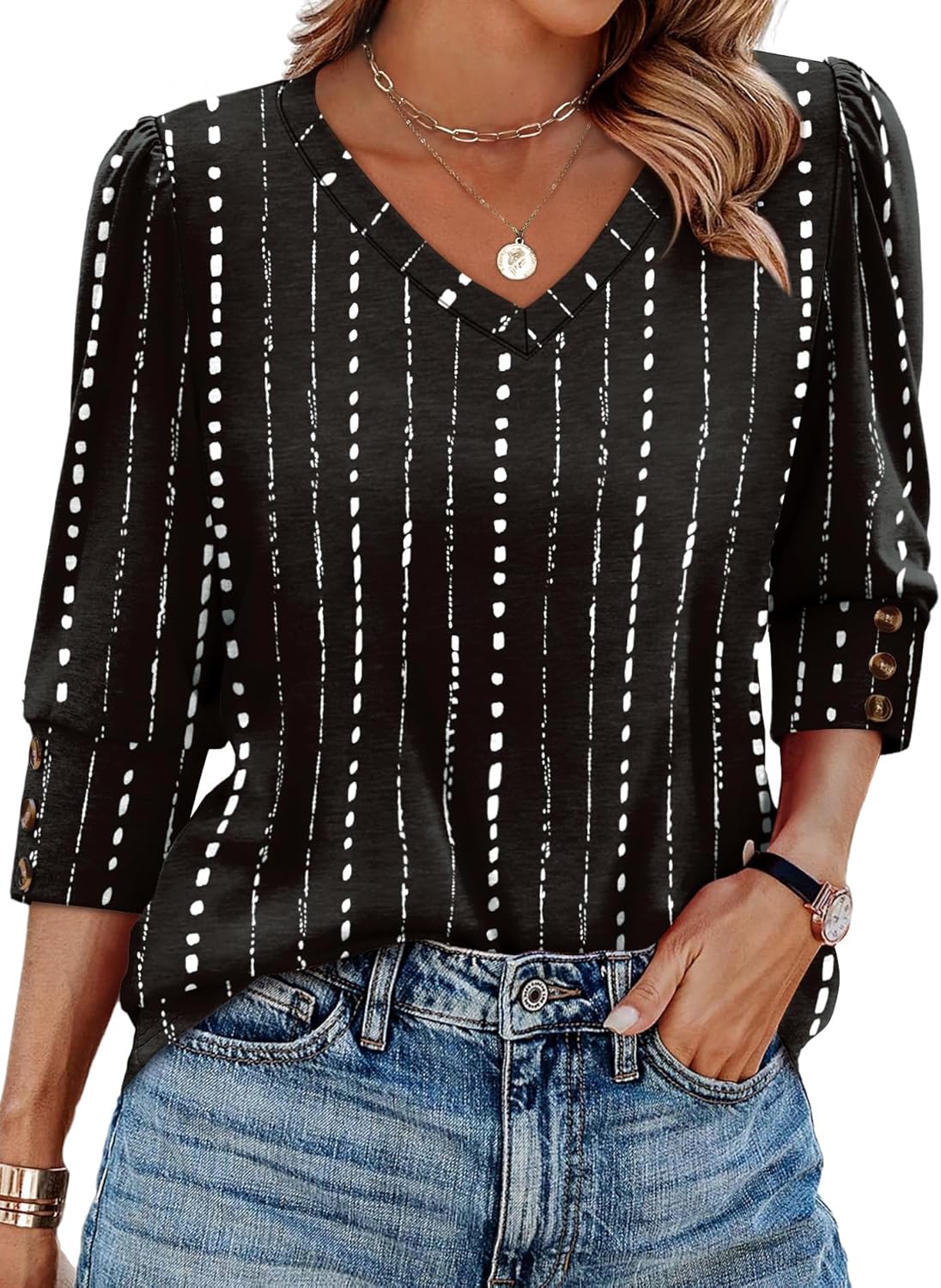 XIEERDUO Womens 3/4 Sleeve Tops with Buttons V-Neck Summer Outfits Casual Blouses Shirts Beach Vacation Fall Clothes 2025