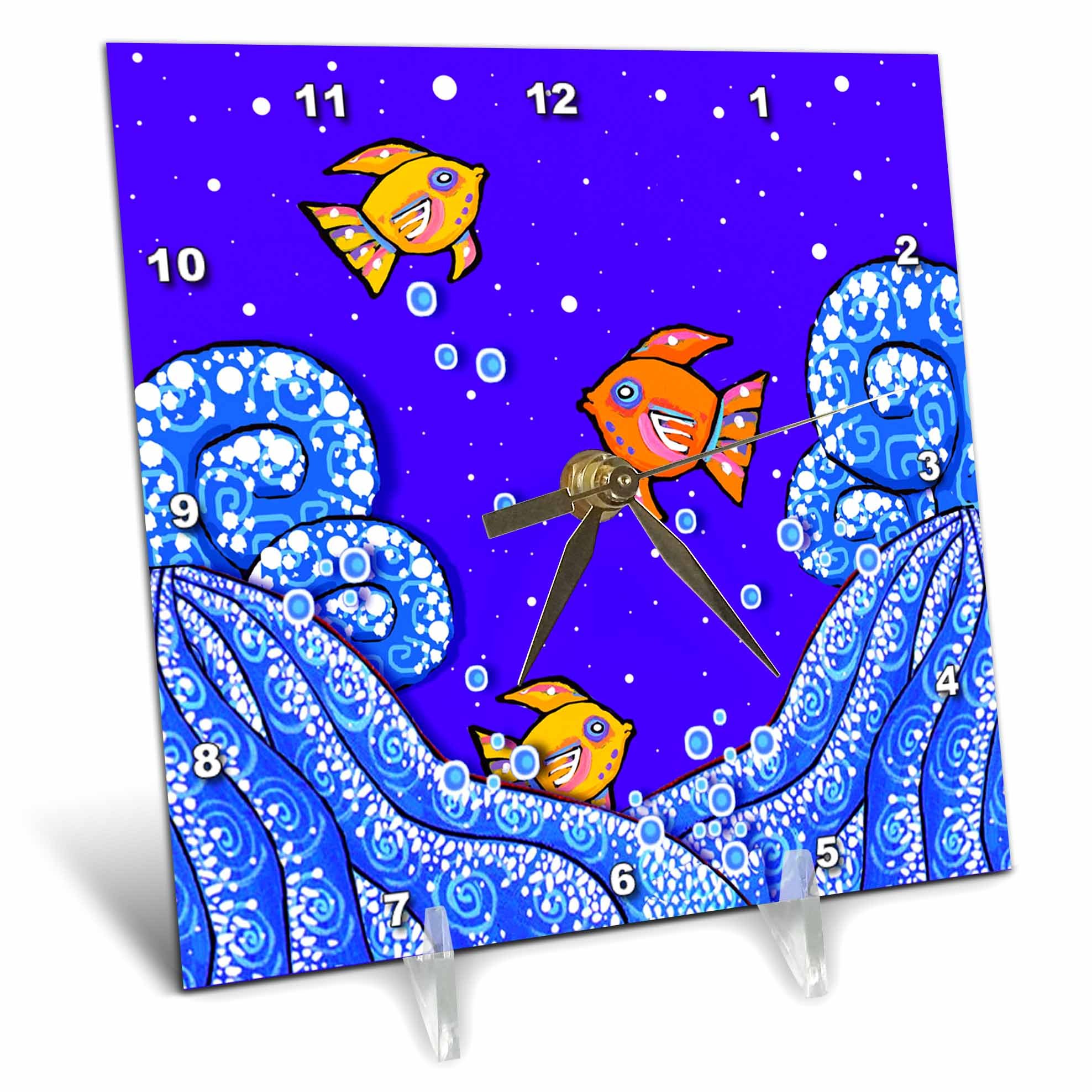 3dRose dc_37492_1 Folk Art, Painting, Whimsical Fish, Ocean Waves, Seascape Desk Clock, 6 by 6-Inch