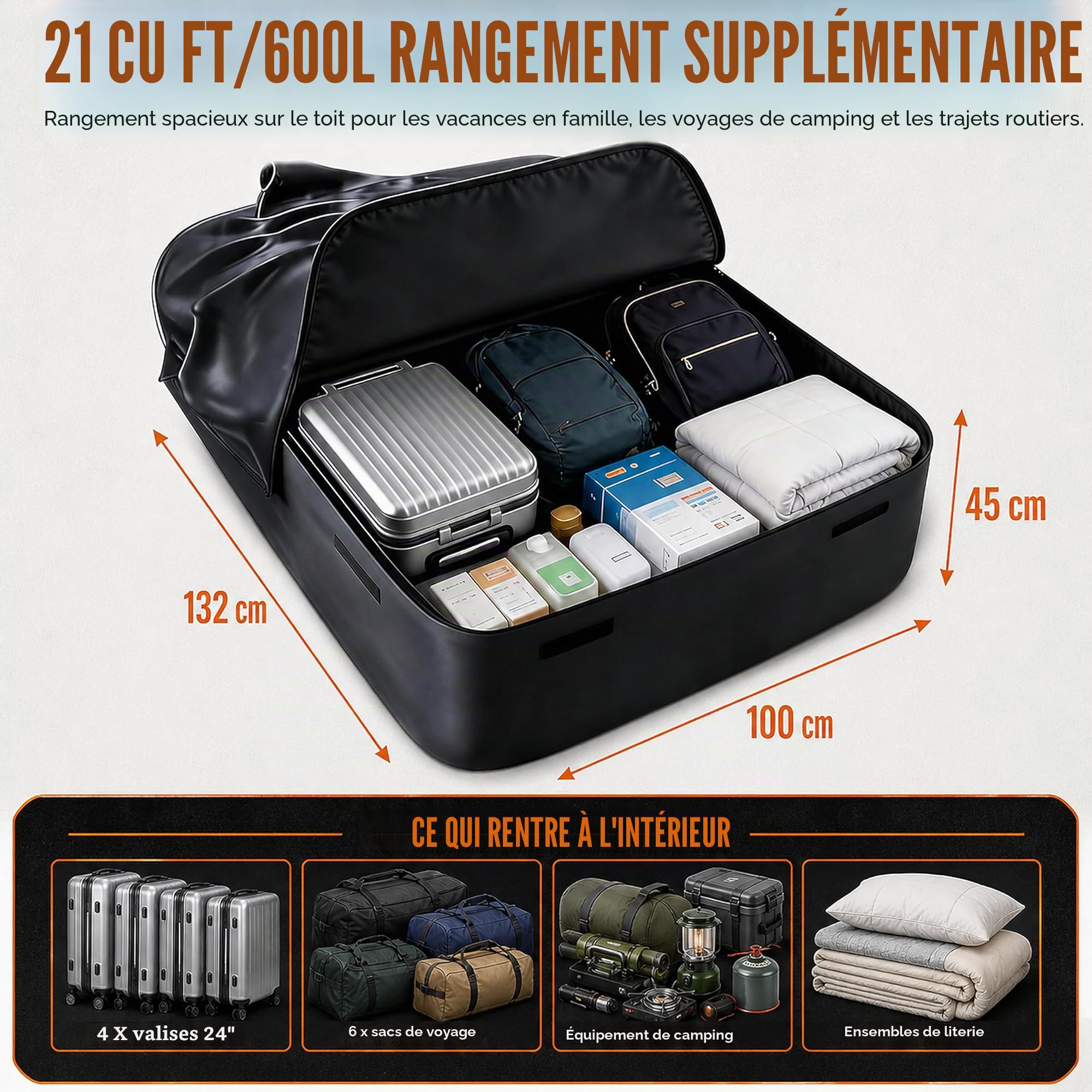 Coffre de Toit Souple - 600L (21 Cu Ft) 100% Étanche - Sac de Toit Voiture Pliable pour Tout Véhicule Avec/Sans Barres - Inclut Tapis Antidérapant, 6 Crochets & Cadenas de Sécurité