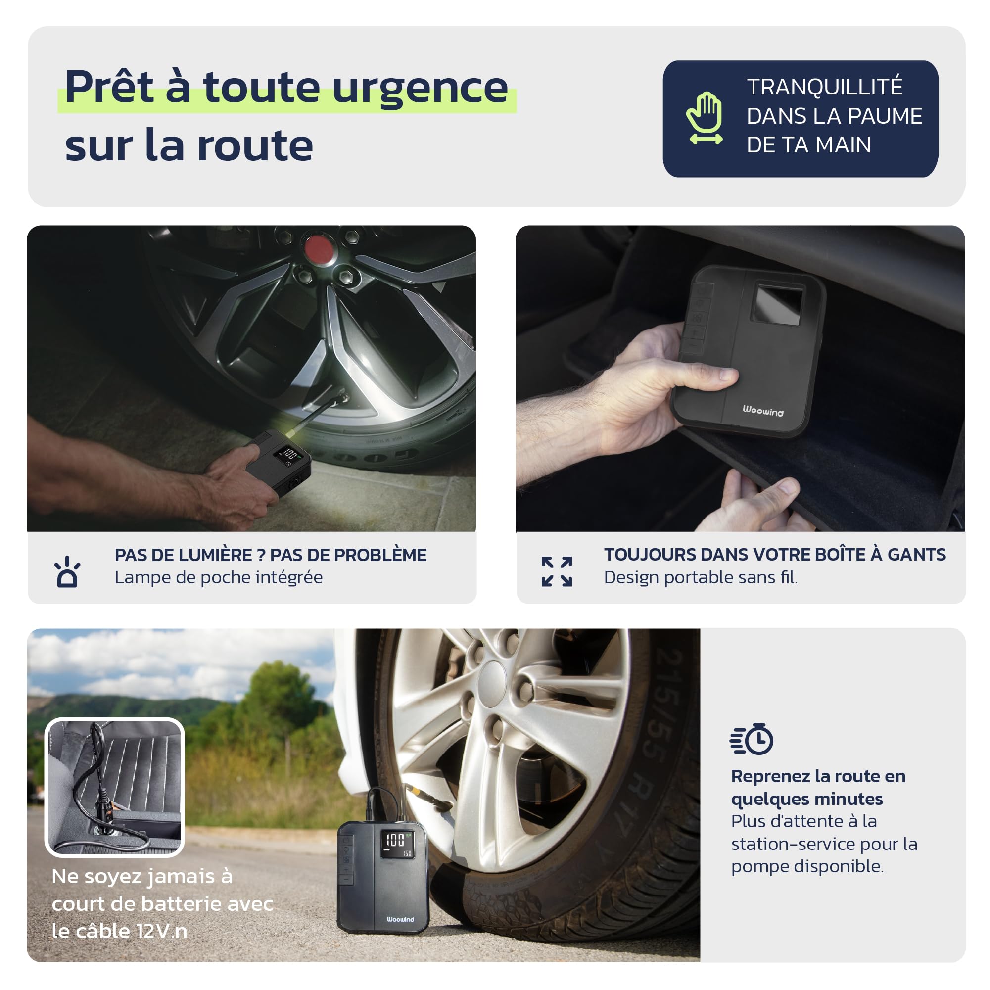 Woowind DP3 Gonfleur de Pneus Compresseur d'air Portable, 12V Pompe Pneu de Voiture et Pompe Air sans Fil pour Les Pneus de Voiture, Moto, Scooter, Dirtybike et Ball