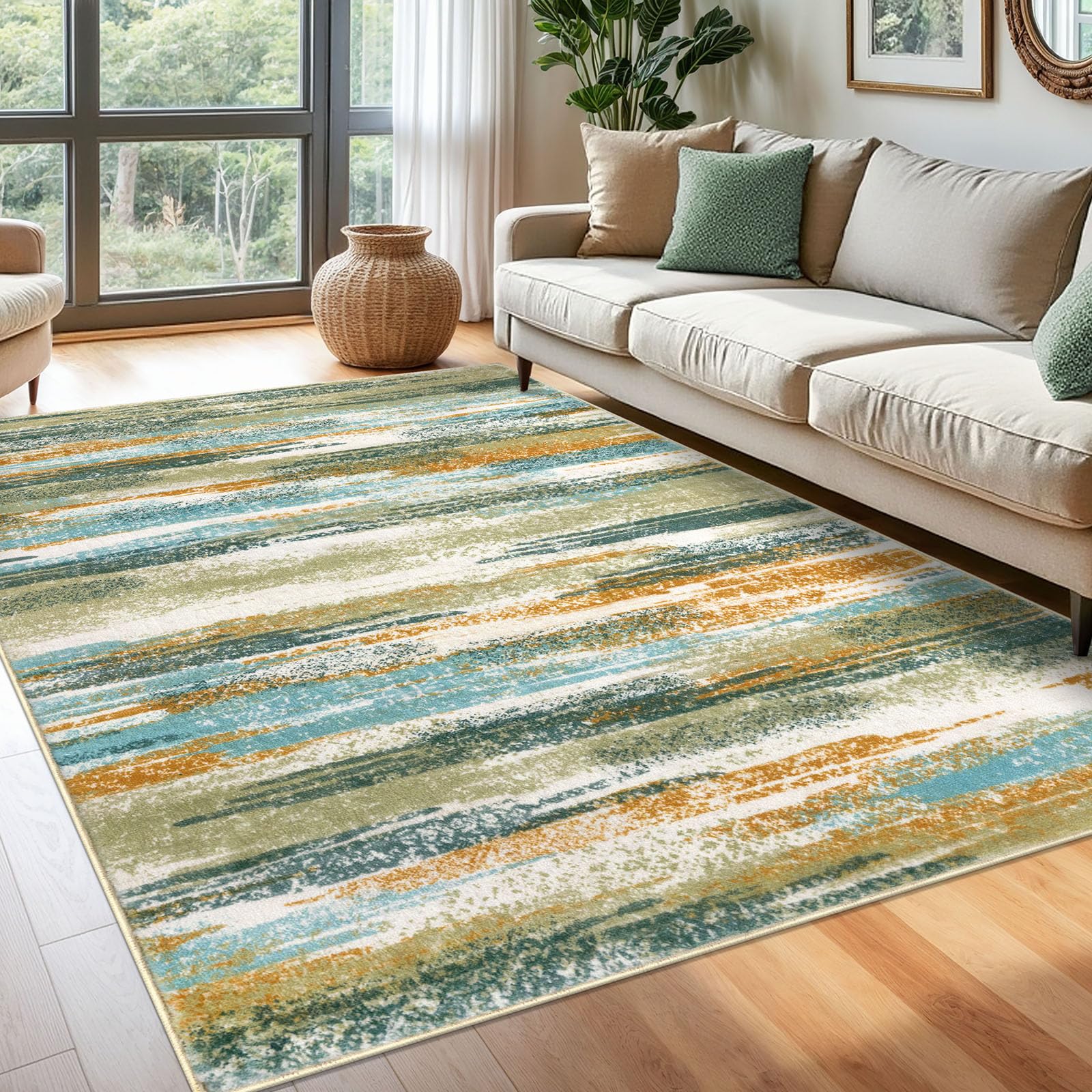Lansny Modern Abstract 6x9 Machine Washable Living Room Rug Non-Slip Soft Bedroom Area Rug Green Mustard Multi Ultra Thin Print Faux Wool Floor Carpet