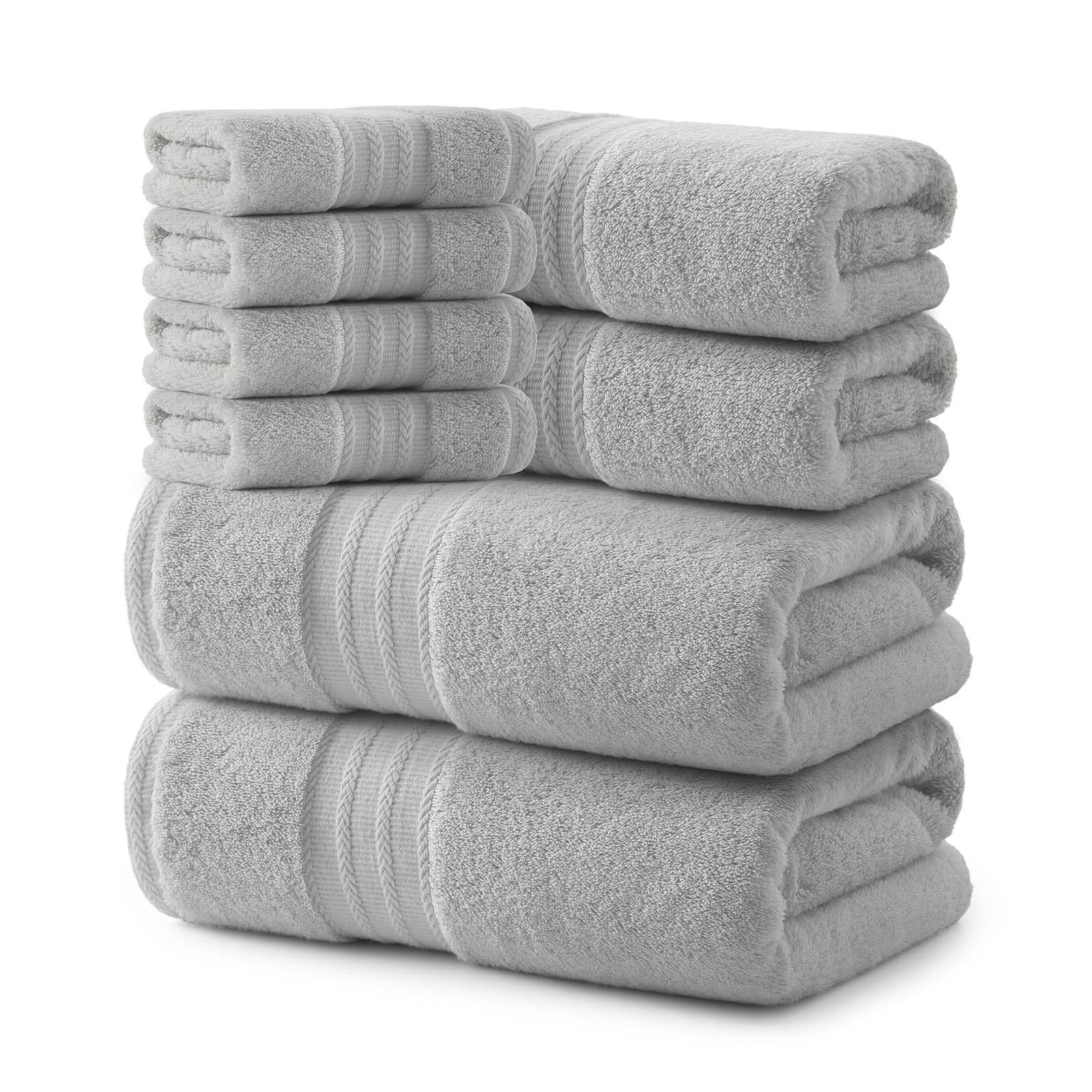 REDKISS 8 Piece Grey Towels Set - 100% Cotton Towels Set with 2 Large Bath Towels, 2 Hand, 4 Washcloths, 600 GSM Highly Absorbent Bath Towel Sets, Gray Quick Dry Shower Towel for Family Gym